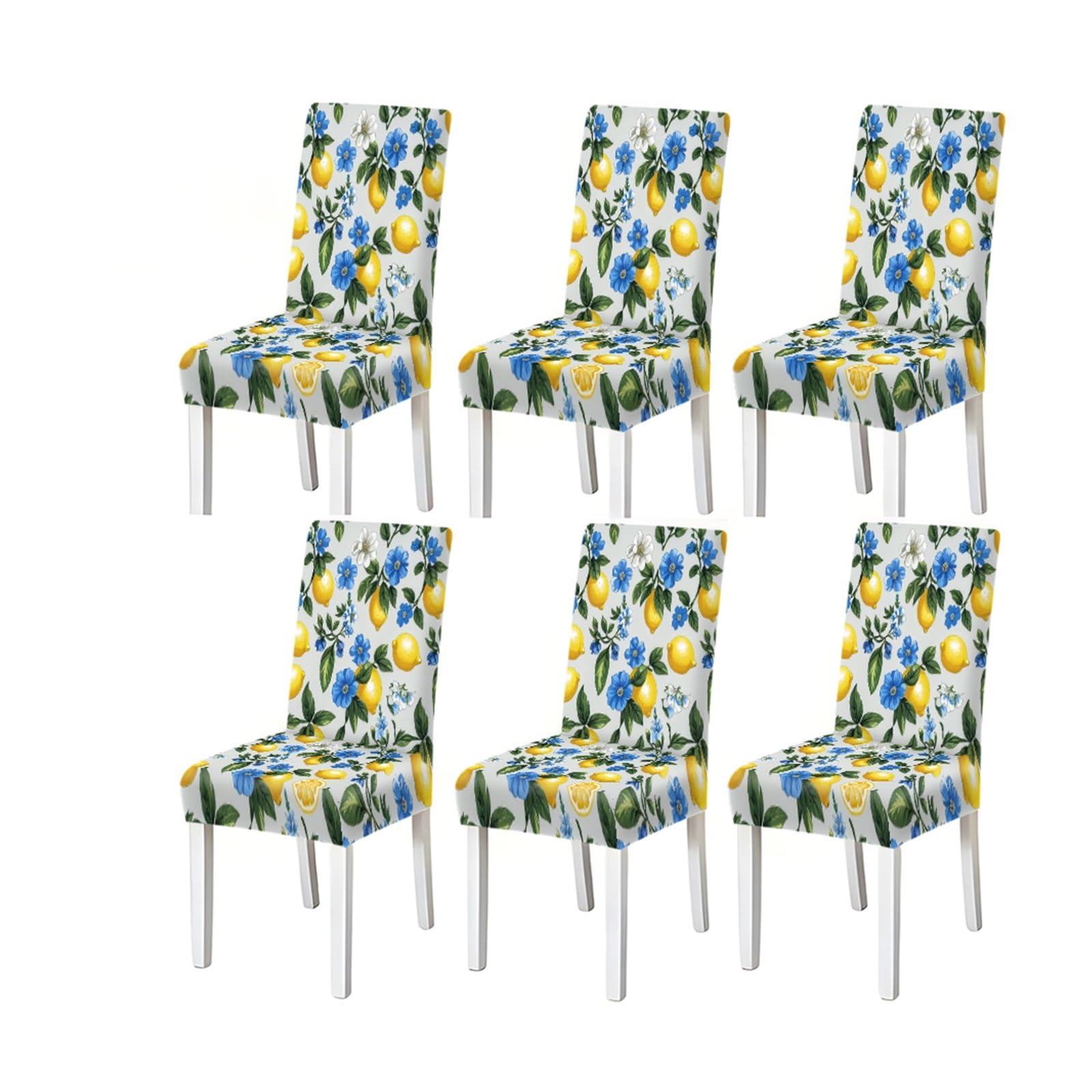BOSUYBN Lemon Blue Floral Print Stretch Dining Chair Covers For Kitchen Dining Living Room Summer Farmhouse, 2/4/6PCS Furniture Protectors for Home Dining Room(6PCSChair cover)