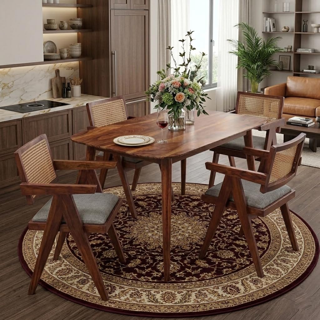 Dining Table Set of 4, Wood 4 Seater Dining Table with Chair | Wooden Dining Table 4 Seater for Living Room || Folding Dining Table || Dining Room Furniture || Cane Chairs for Balcony Honey Brown-image-44