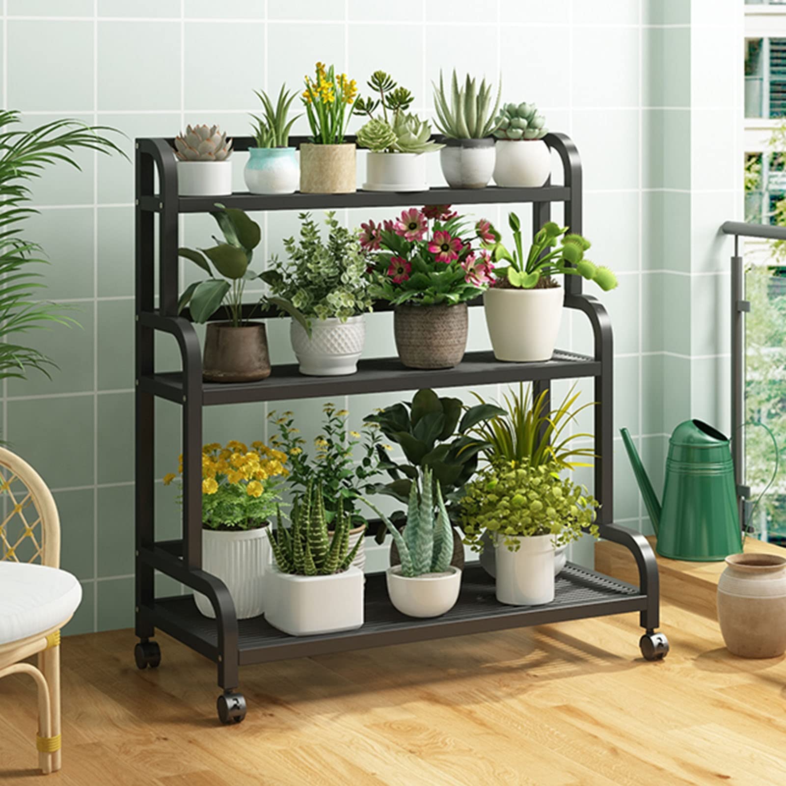 Support pour plantes d'échelle de jardin | Étagère à échelle à 3 niveaux pour présentoir à bonsaï | Organisateur de rangement pour jardinière d'intérieur et d'extérieur de 107 cm de haut - Métal noir