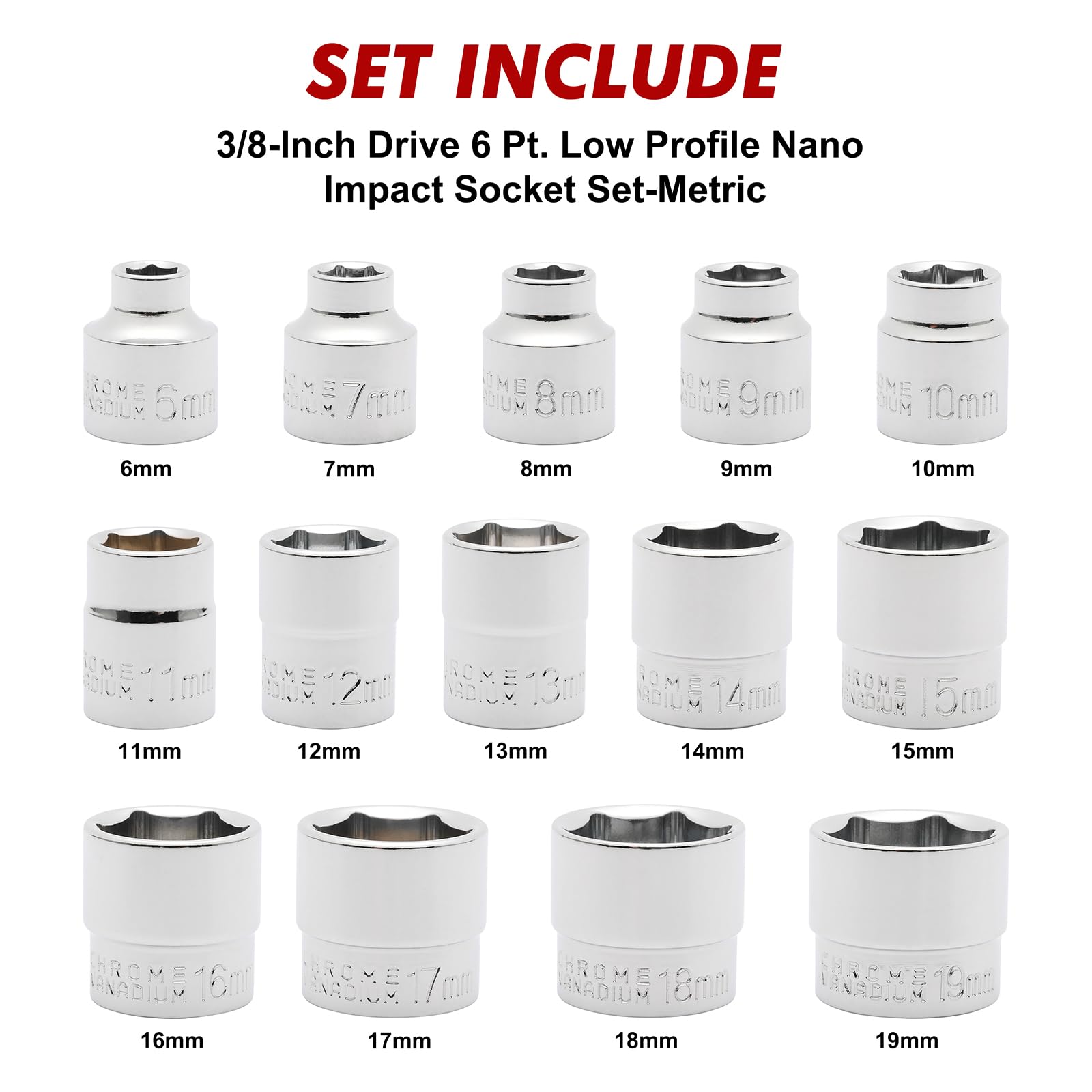 CASOMAN 14 Piece 3/8" Drive 6 Point Stubby Socket Set, Metric, Mirror Chrome Finish, 6,7,8,9,10,11,12,13,14,15,16,17,18,19mm - Image 2