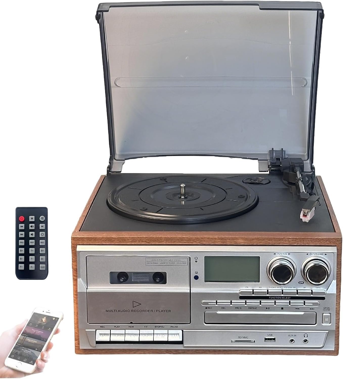 System Rozrywkowy W Stylu Retro „10 1”, Odtwarzacz Kasetowy Z Bluetooth I Pilotem, Kolorowy Wyświetlacz LED, Wbudowane Głośniki, Radio AM/FM, Gramofon Winylowy 3 Prędkościami(Brown)