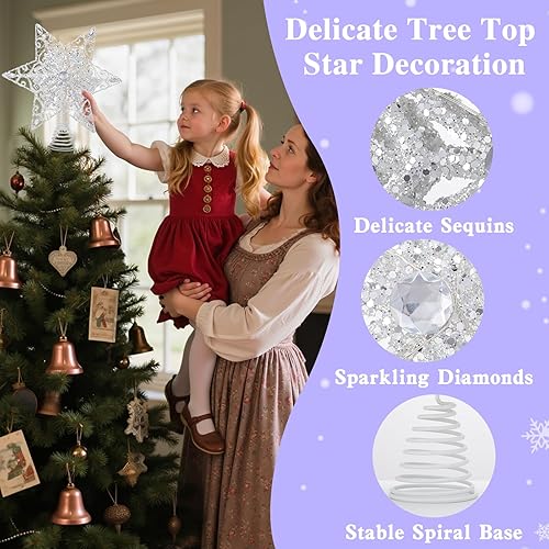 Miniatura 105 de Lewondr Decoración para árbol de Navidad, control remoto alimentado por USB, temporizador de 6 horas, estrella de árbol controlada con luces y Plata
