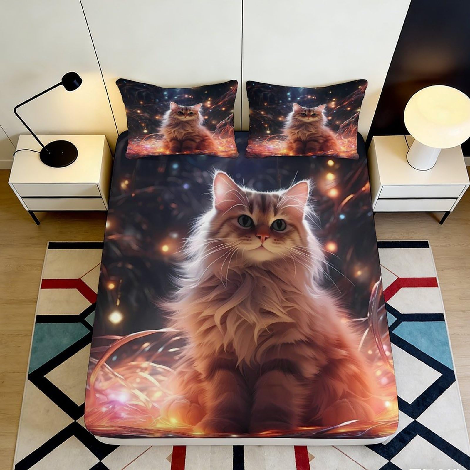 Jqzkxnhpbr Style-5 3D Printed Fluffy Cat Fitted Sheet Microfiber Soft Mattress Cover With Starry Night Pattern For Bedroom Dorm Guest Room Protection Decor 90X200x25cm