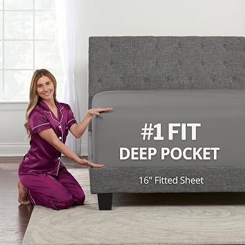Grey Fitted Sheet - Real 16  Inch Deep Pocket - Best Fit for 14  - 18  Mattresses - Soft Easy Care Bottom - Queen Size - Medium Gray