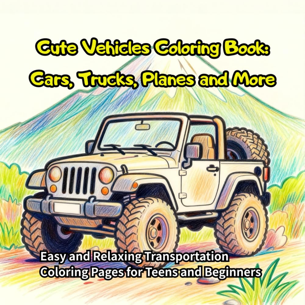 Cute Vehicles Coloring Book: Cars, Trucks, Planes and More: Easy and Relaxing Transportation Coloring Pages for Teens and Beginners