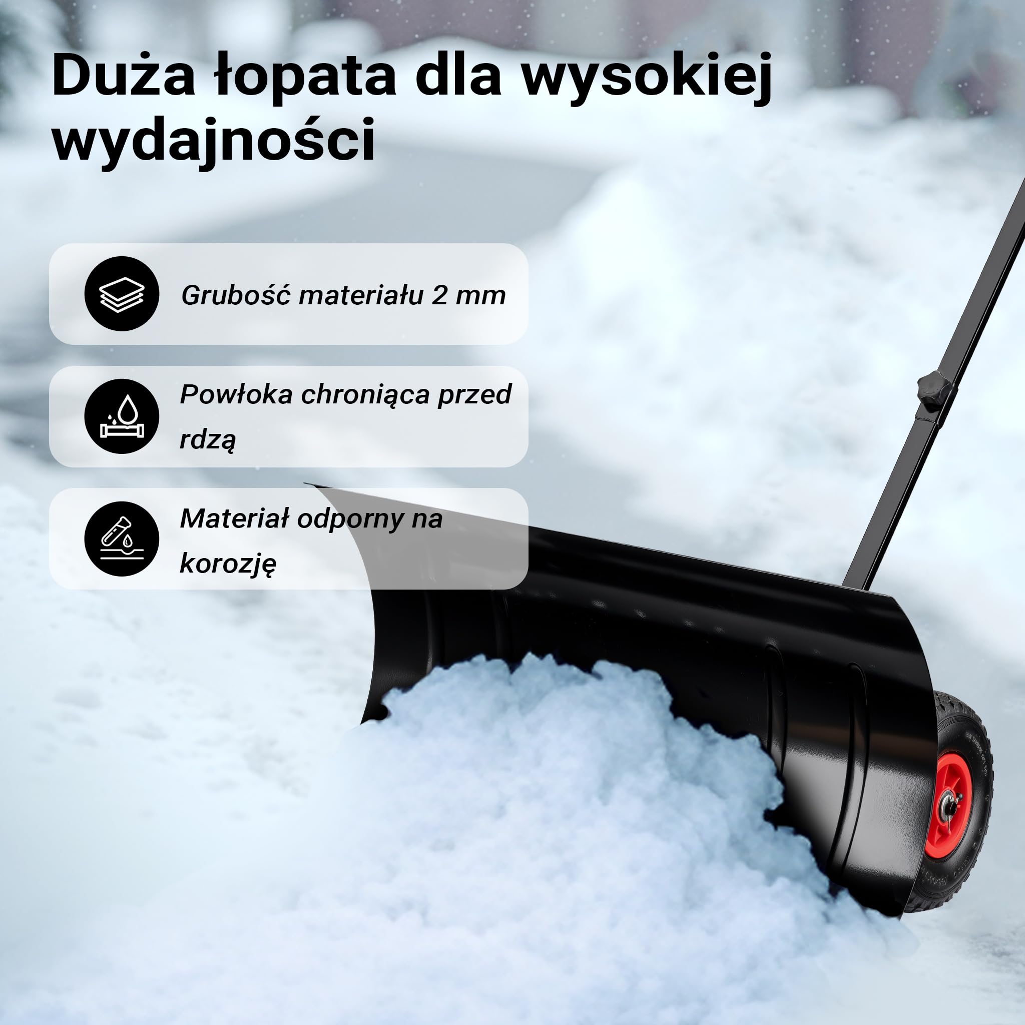 Wiltec Łopata do śniegu o wymiarach 74 x 43 cm ze stali, łopatka na kołach pneumatycznych 10″ z ruchomym kijem, szufla do odśnieżania