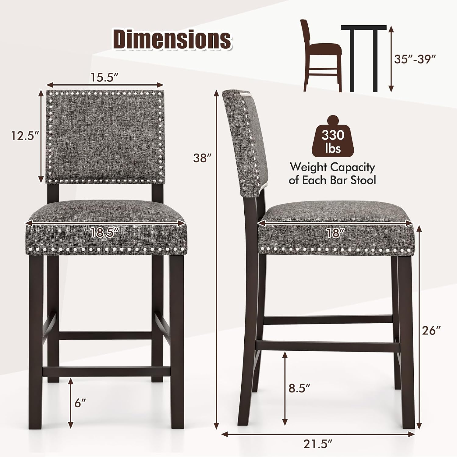 COSTWAY Upholstered Bar Stools Set of 4, 26 Inch Counter Height Chairs with Sponge Cushions, Rubber Wood Legs, Footrest, Modern Rivet Breakfast Chairs for Kitchen Island, Dining Room, Cafe, Pub