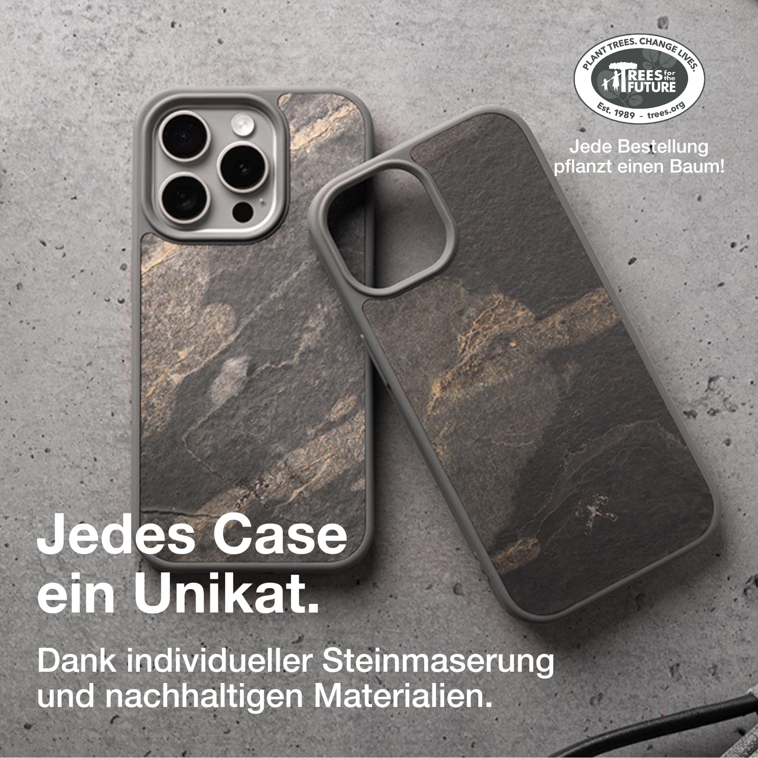 Woodcessories - Magnetisches Bumper Case für iPhone 16 Pro kompatibel mit MagSafe, Hülle mit Magnet aus Stein, Camo Grau
