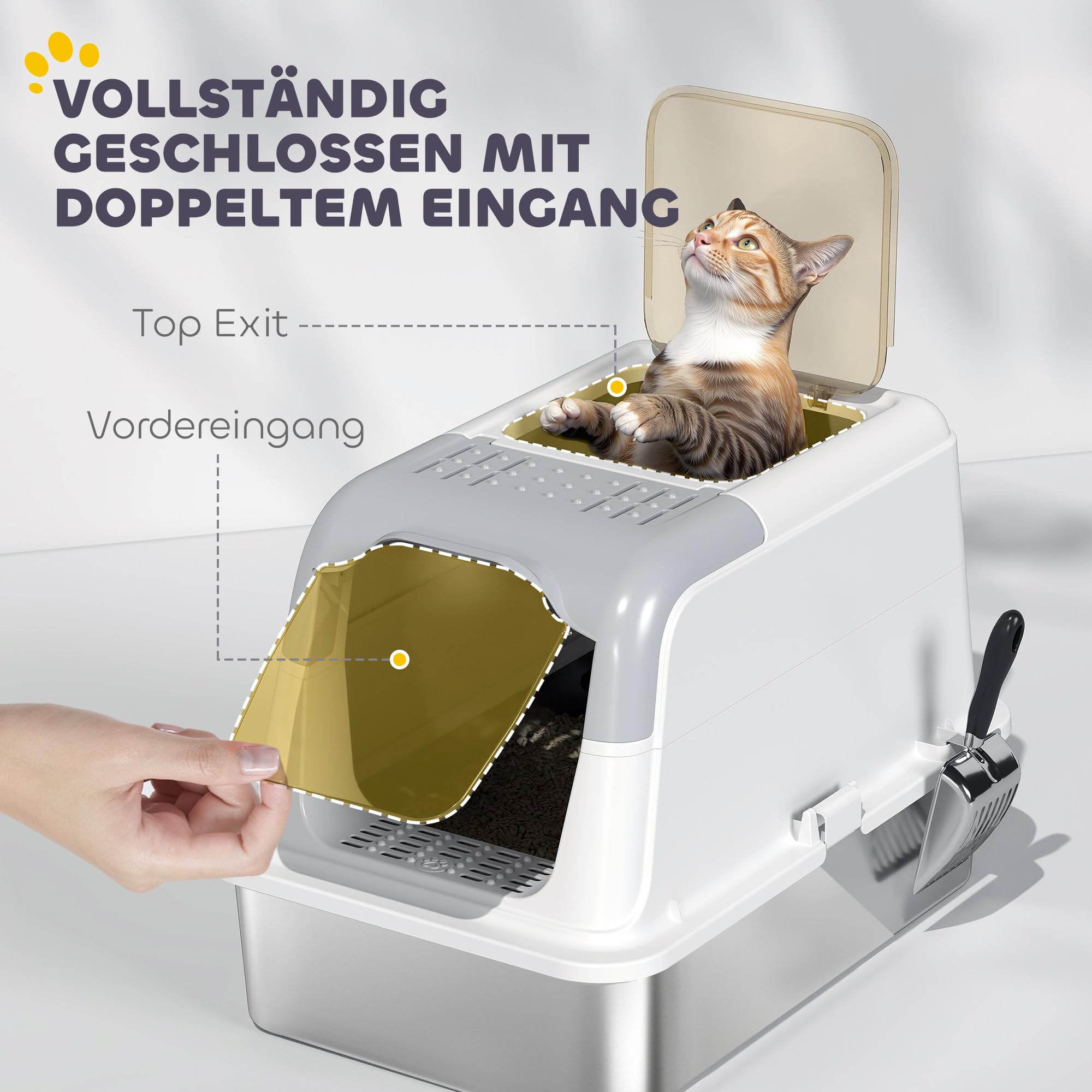 PawHut Katzenklo Edelstahl mit Deckel bis 7 kg 60,4 x 40,4 x 41,8 cm Weiß | Katzentoilette mit Haube, Schaufel, Deodorierungsbeutel, Doppelgänge Katzentoilette, für Katzen