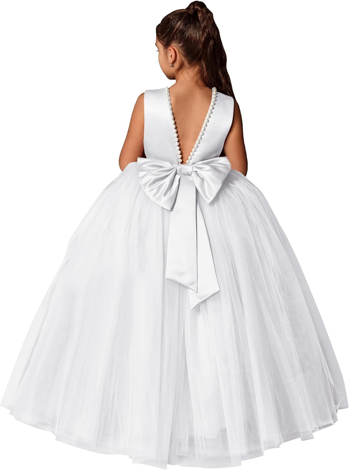 MCieloLuna Flower Girls Dresses for Wedding Satin Tulle Princess Pageant Dress Kids Pearls Prom Ball Gowns with Bow-Knot