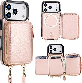 Bocasal for MagSafe Wallet Case for iPhone 18 Pro / 17 Pro, Rose Gold | Crossbody for Wireless Charging RFID Blocking Purse Case with Card Slot Holder Kickstand Wrist Strap Lanyard Zipper 6.3 Inch