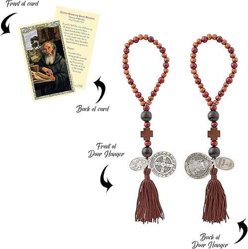 Miniatura 5 de Benedict Home Blessing - Percha para puerta, oración del Señor, cuentas de madera, bendiciones para el Hogar Puerta, medallas de protección de San