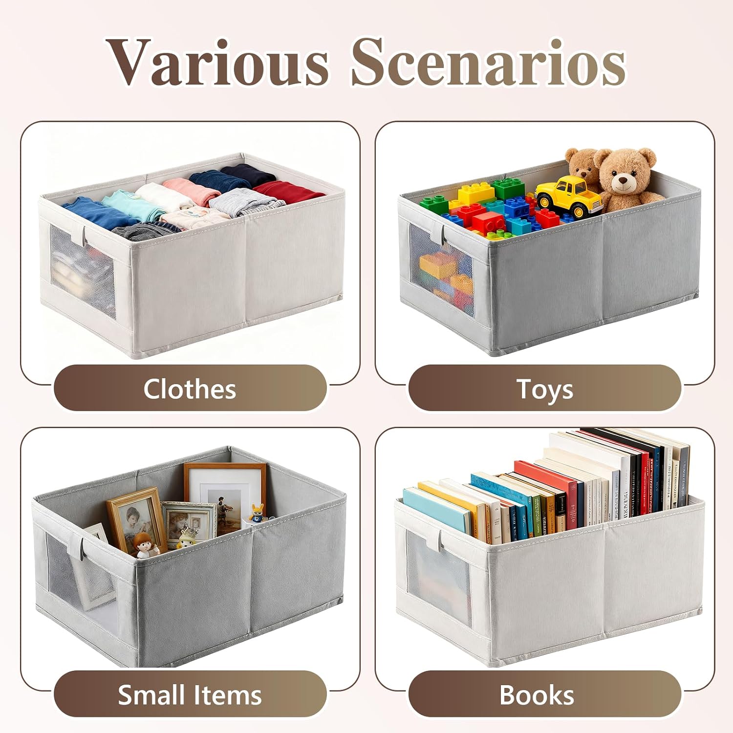 Linen Closet Organizers and Storage, 2 Pack Storage Bins Linen Clothing Organizer Baskets with Mesh Window, Foldable Closet Organizer for Clothing, Towels, Toys, Nursery, Books, Shelves (Beige)