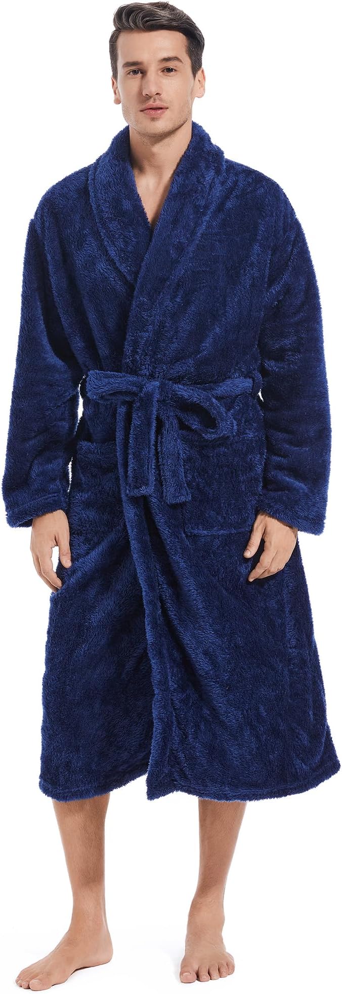 Mens Plush Fleece Robe, Highly Absorbent Cozy Warm Bathrobe Fuzzy Male Spa Long Robe With Pockets