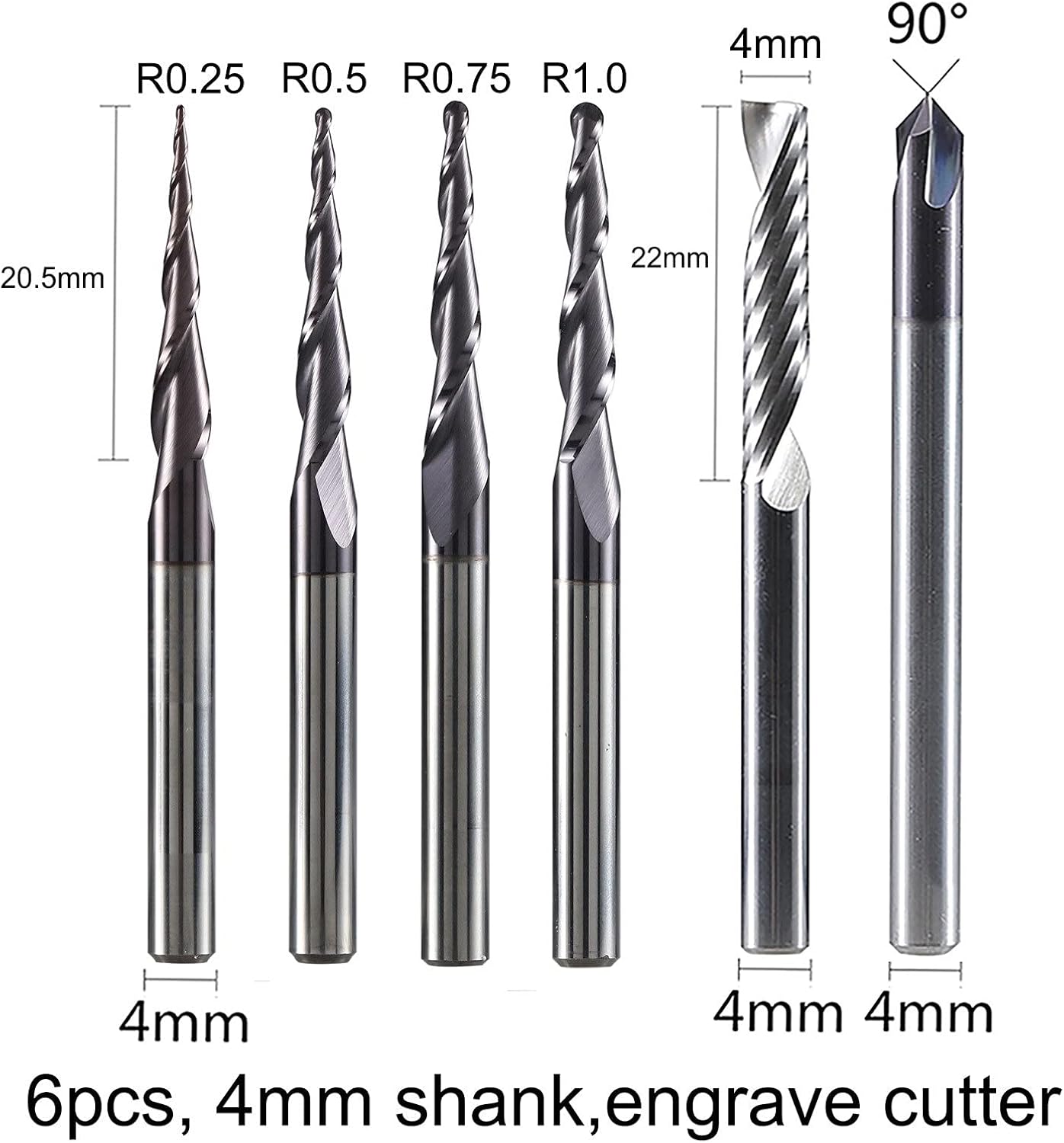 End Mill Sets Carbide Square End Mill CNC Carbide Engraving Bits Milling Cutter Woodwork Set 4mm Shank Router Bits for Carving Wood Tools(4mm Set 6pcs)