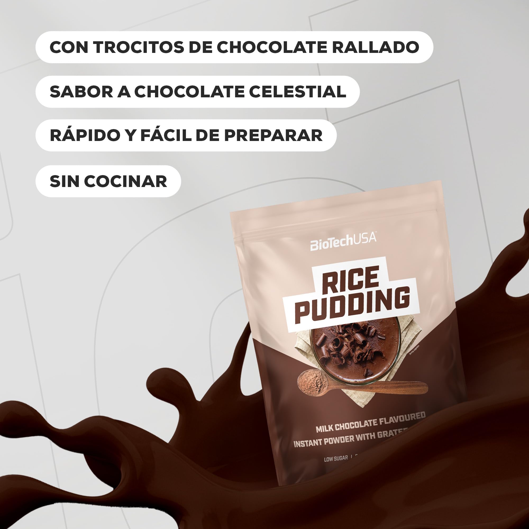 BioTechUSA Rice Pudding Arroz con leche instantáneo en polvo con pepitas de chocolate rallado, 1000 g, Chocolate con leche