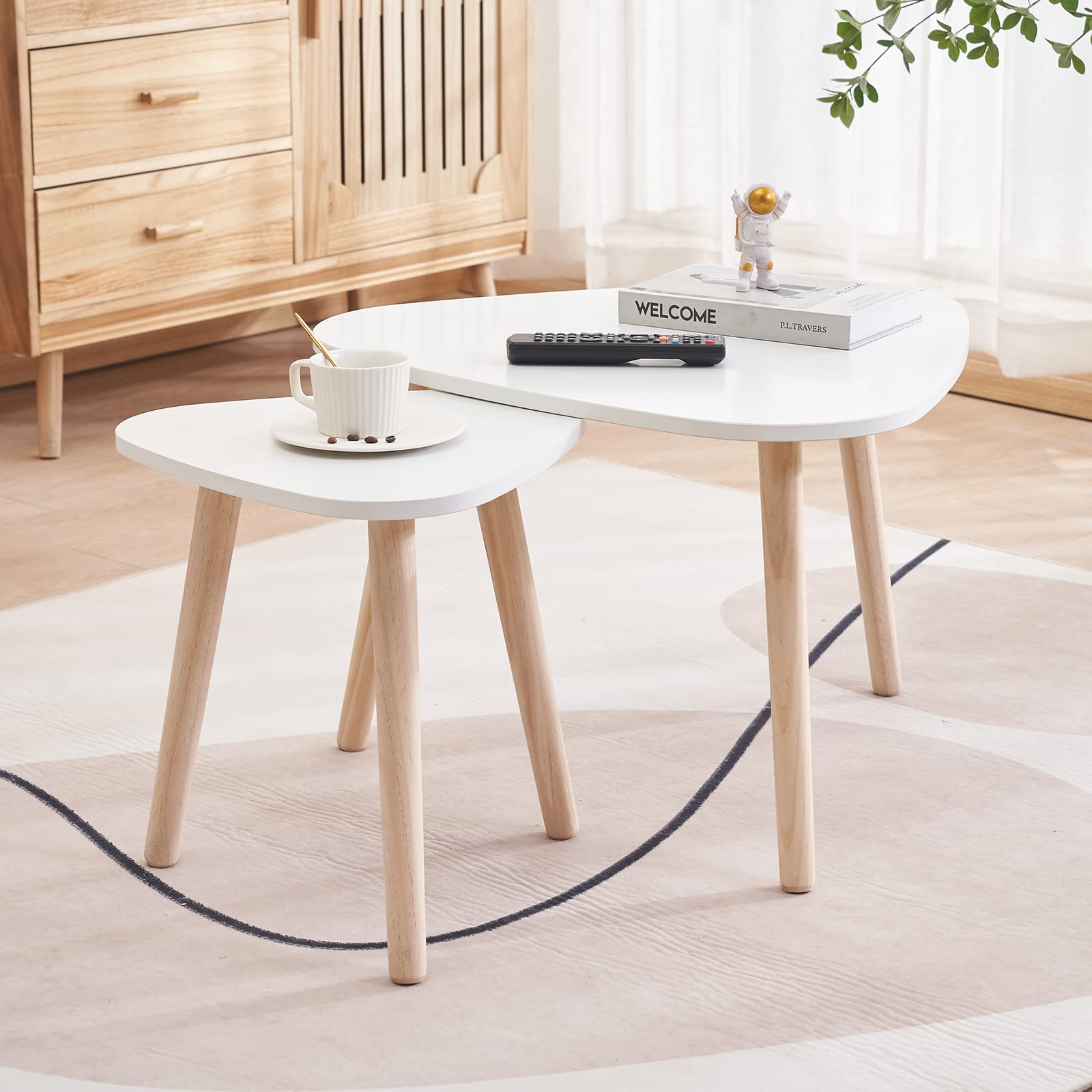 Tables Gigognes Table Basse Gigogne Table d'Appoint Scandinave-Lot de 2 Tables Basses Gigognes Rondes Bicolore, Bois d'ingénierie- pour Salon Chambre Pieds Moderne en Bois-55*55*45&40*40*40cm