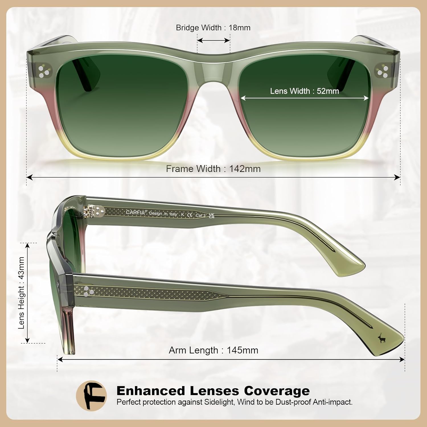 CARFIA Polarized Sunglasses for Men UV400 Protection Premium UV400, Retro Thick Acetate Frames Sun Glasses