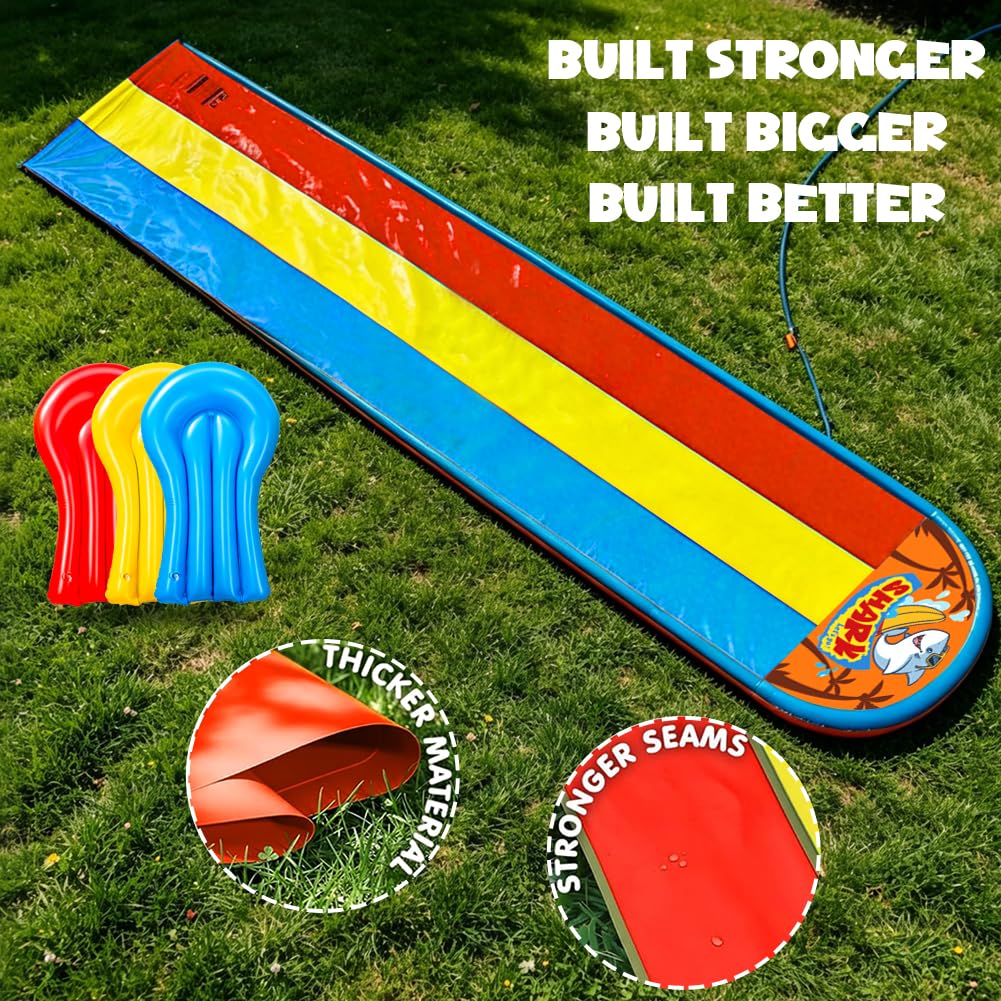 Dreifache Wasserrutsche mit 3 aufblasbaren Bodyboards, Rasenrutsche mit integriertem Sprinkler, Hinterhof, Outdoor, Sommer, Wasserspielzeug für Kinder und Erwachsene, 6 m