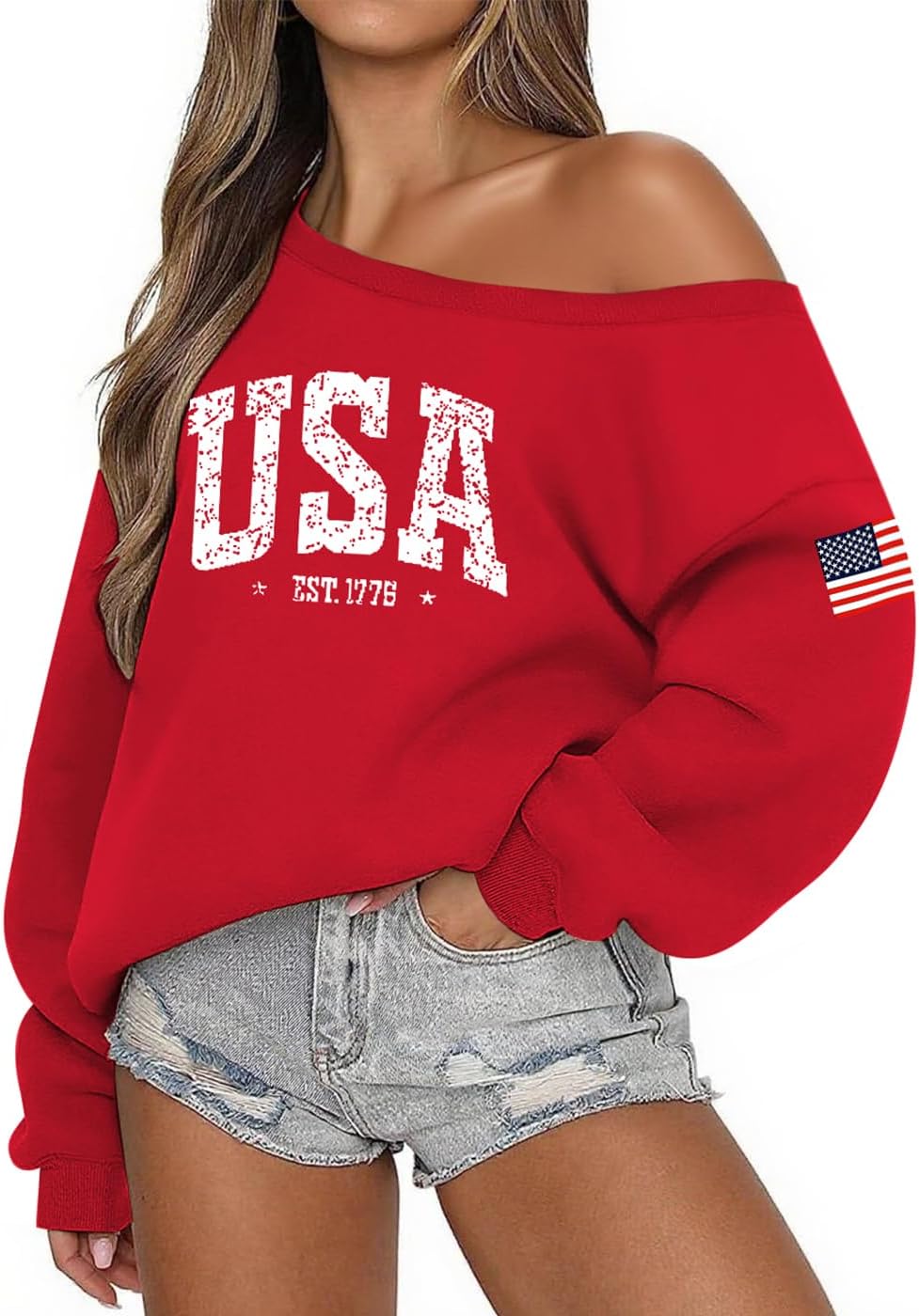 Lacozy USA Sweatshirt for Women Oversized Off the Shoulder Sweater Fleece Lined Long Sleeve Hoodie 4th of July Outfits