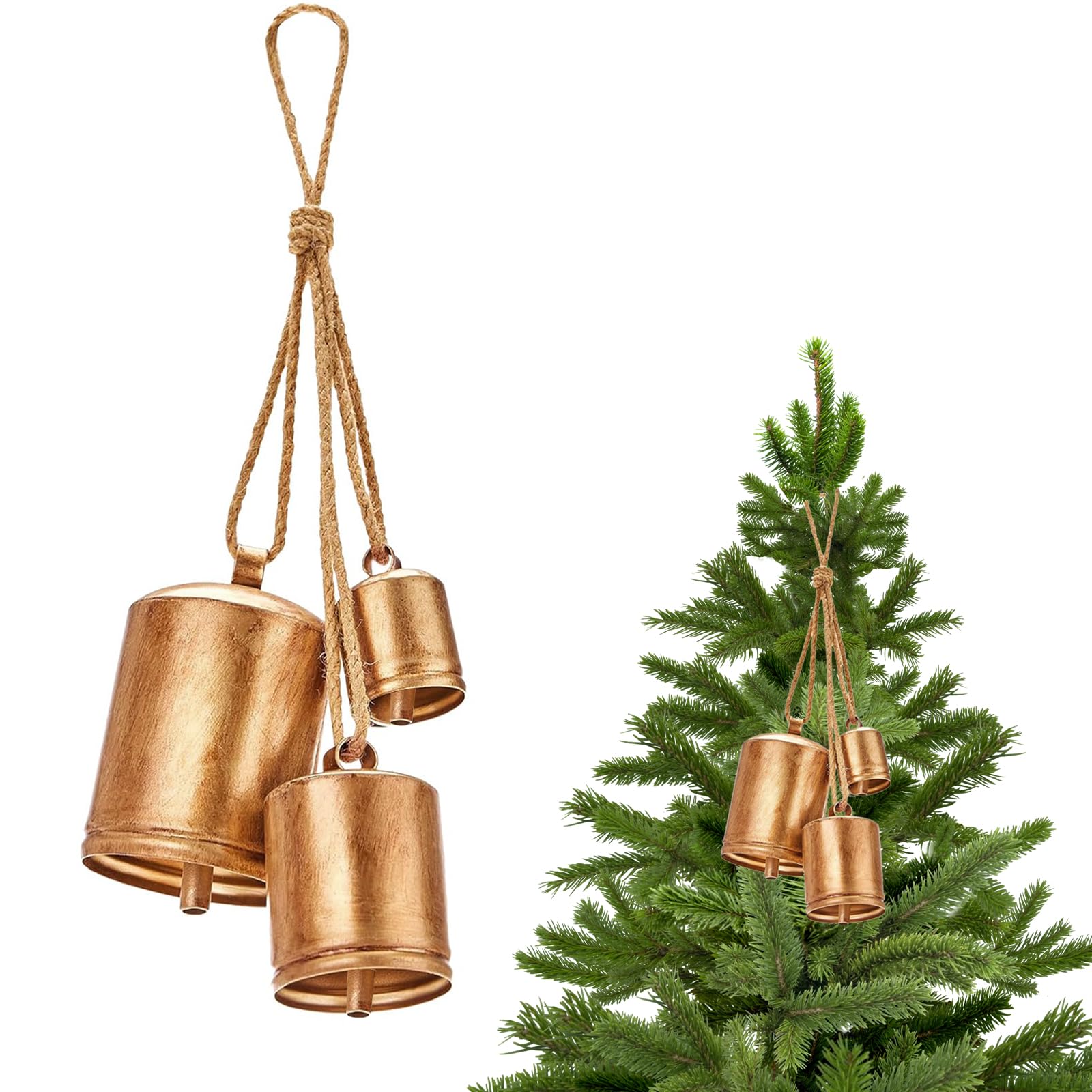 Christmas Cow Bells, Set of 3 Harmony Brass Bells for Decorations, Hanging Cowbells with Rustic Style Crafts, Giant Cow Bells on Rope, Vintage Decor for Christmas