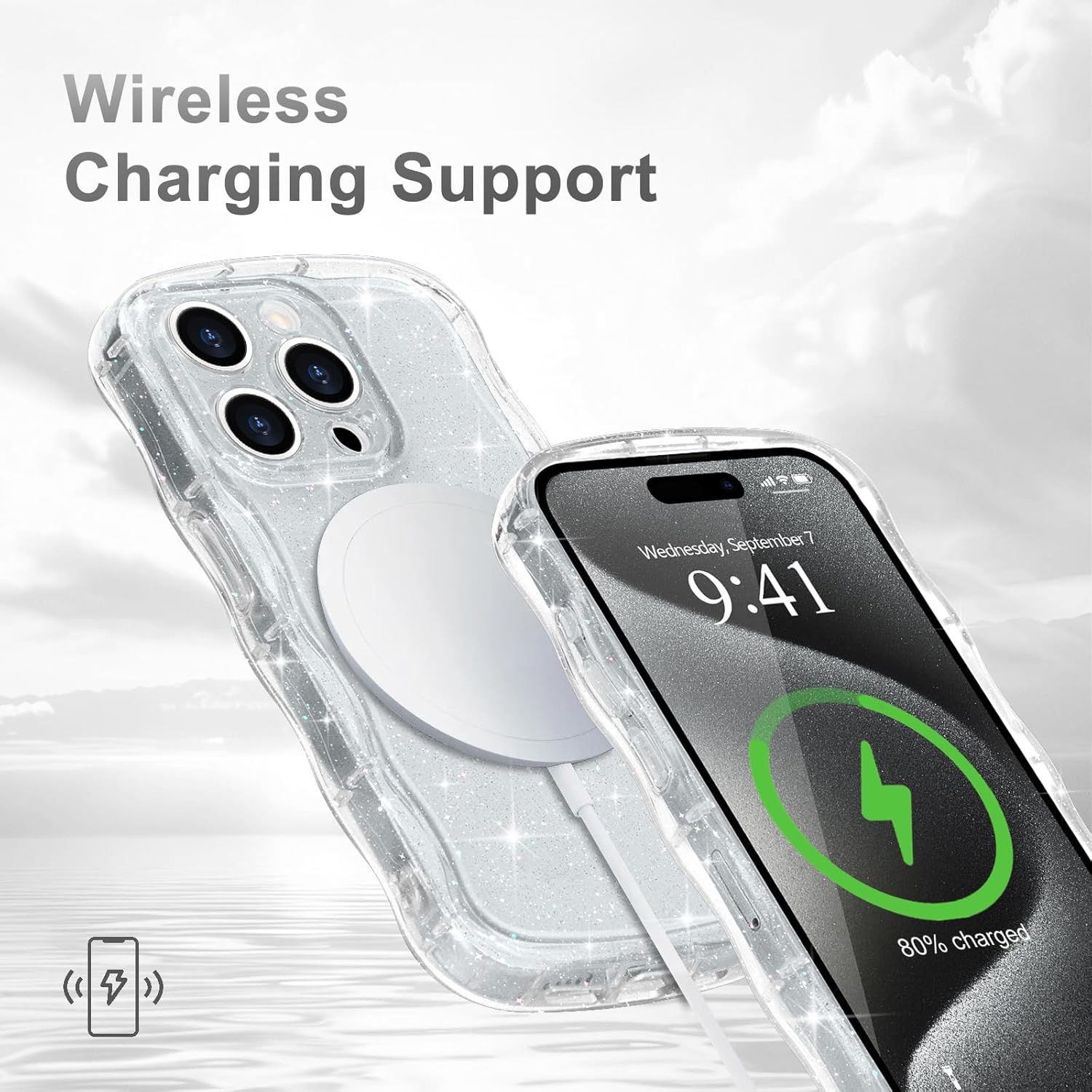 for iPhone 15 Pro Case Clear, Cute Sparkly Bling Glitter Curly Wave Frame Transparent Cover for Women Girls Men Shiny TPU Bumper Drop Protection Shockproof Phone Case for iPhone 15 Pro, Clear - Image 6