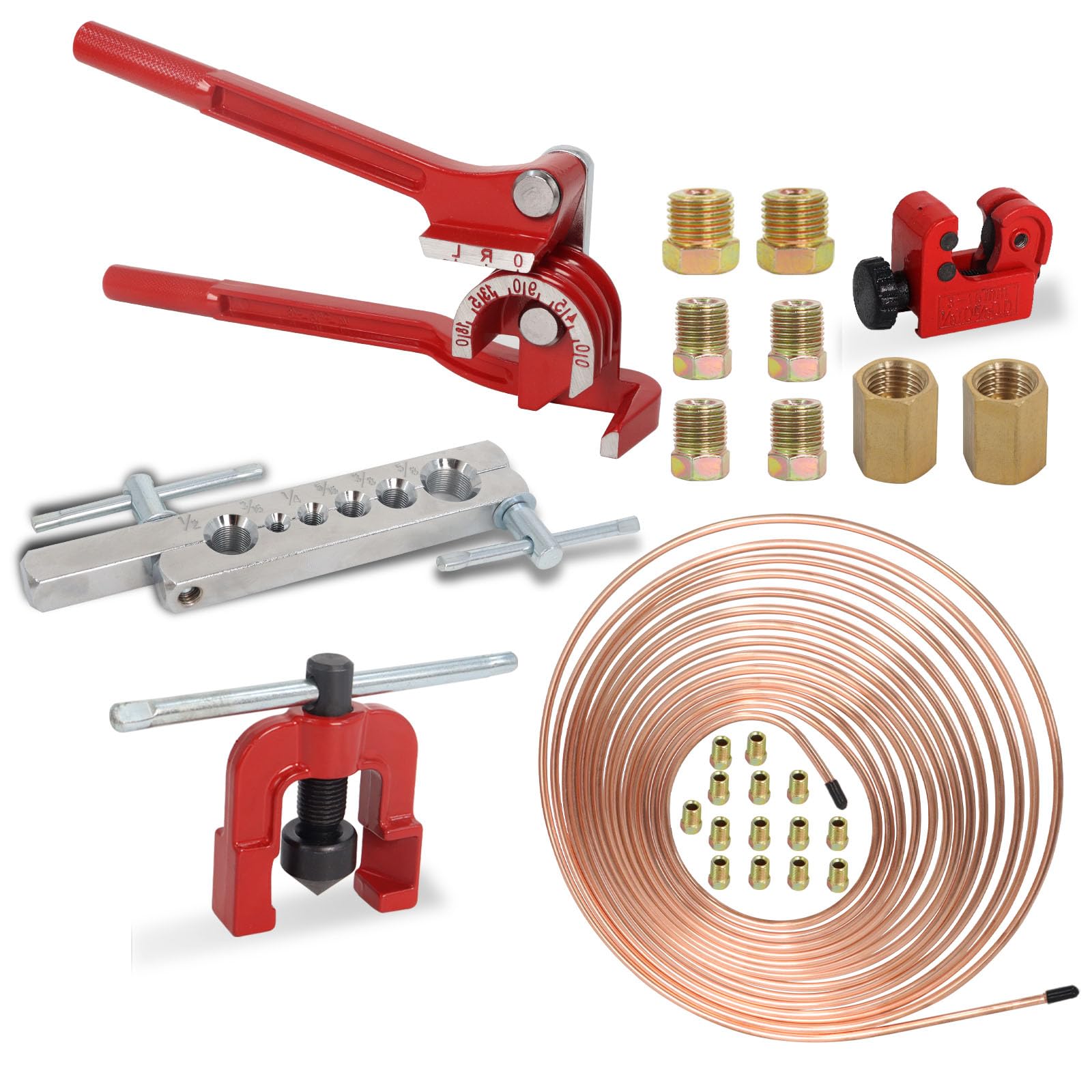 Wadoy Brake line Flaring kit Include 25 FT 3/16" Copper Coated Brake Line with Fittings,Brake line Bender,Single Flare Tool with Cutter,Brake Line Bender