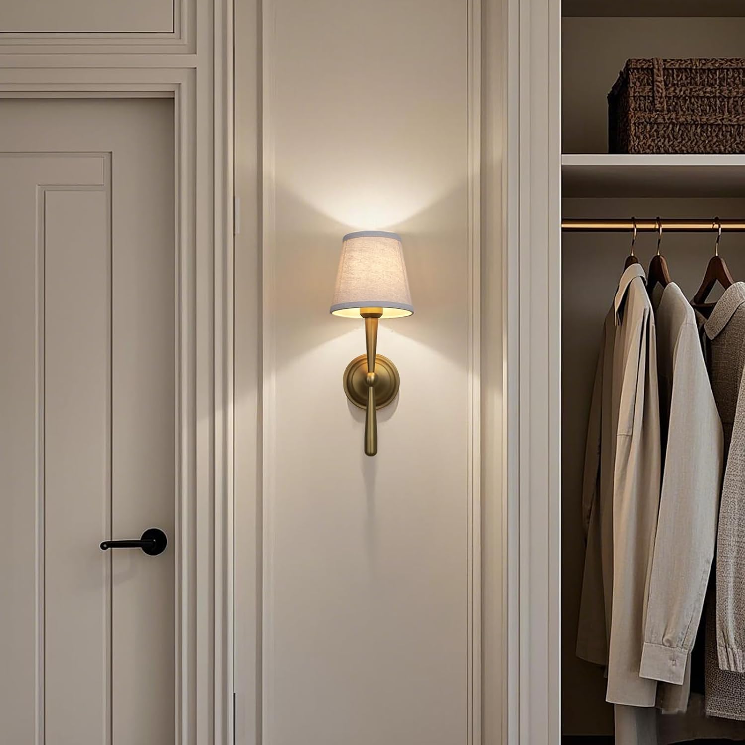 Sconces Wall Lighting Set of Two with Boho Linen Fabric Shade, E26 Aged Brass Vanity Bathroom Wall Lamps, Hardwired Indoor Wall Lights for Living Room Bedside Nightstand Light