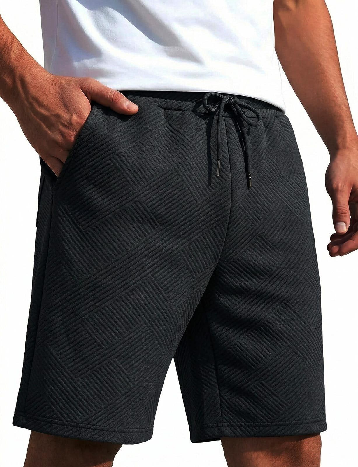Halfword Pantalones Cortos Hombre Shorts Casual Tejido hasta la Rodilla Textura Gruesos Verano Cintura Elástica Bermudas Casa — view 10