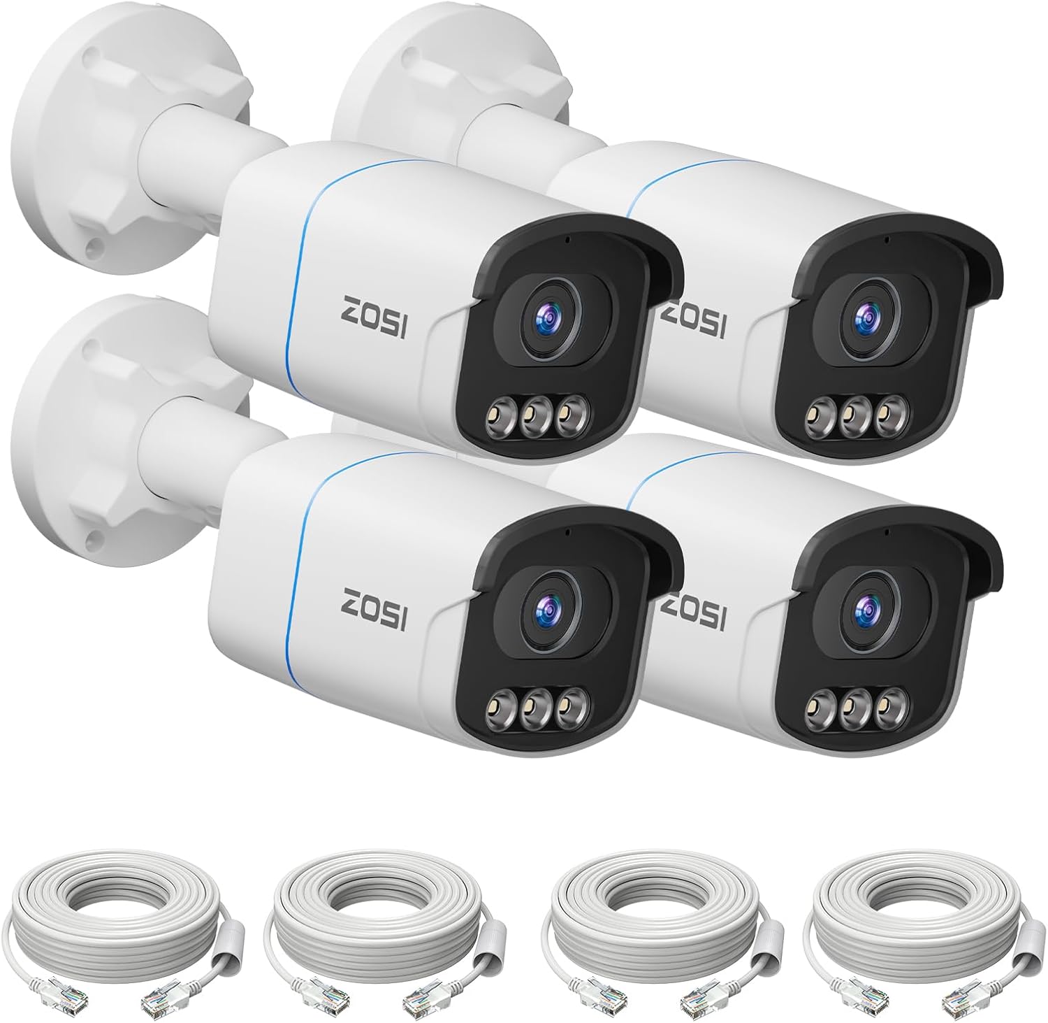 ZOSI 4-Pack 4K PoE Security Camera C186 Aurora Lux,8MP Outdoor Indoor,True Color Night Vision,Person/Vehicle Detection,2-Way Audio,Includes Ethernet Cables,Only Compatible with ZOSI 4K PoE NVR