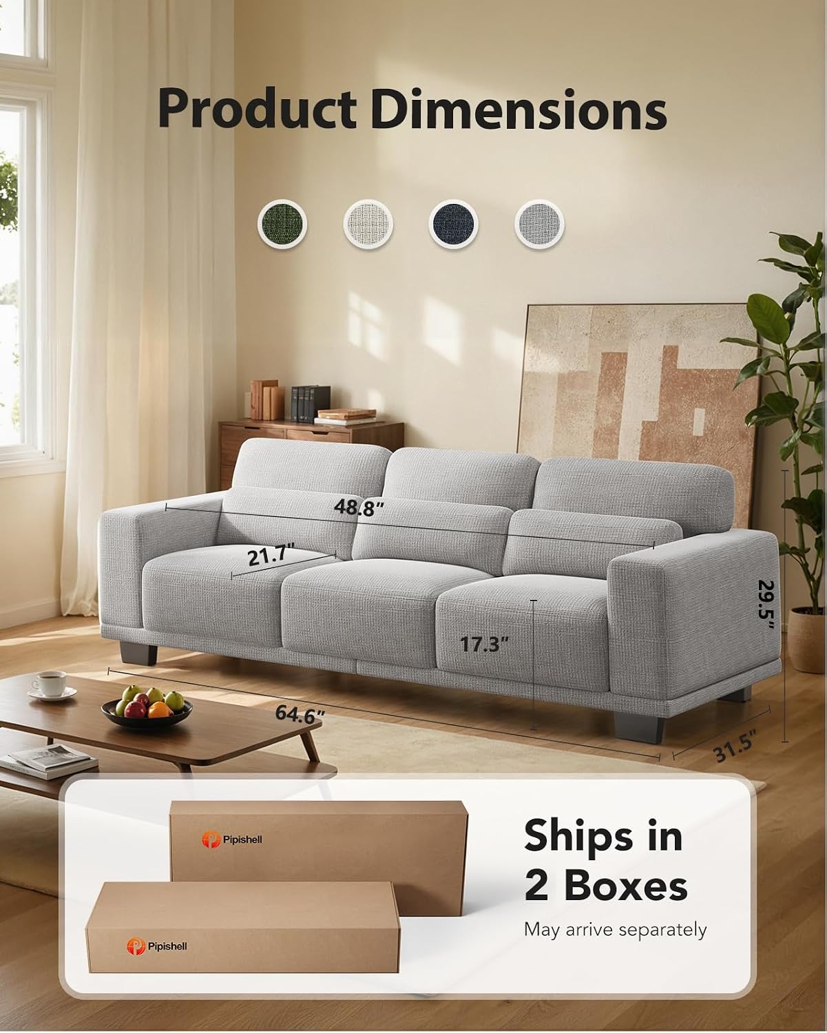 Pipishell 3-Seater Sofa Couch with Deep Seats & Wide Armrests, 89″ Soft Couches for Living Room, Comfy 3-Seater Futon Sofas, Modern Upholstered Couch with Removable Cotton–Linen Cushion Cover, Grey