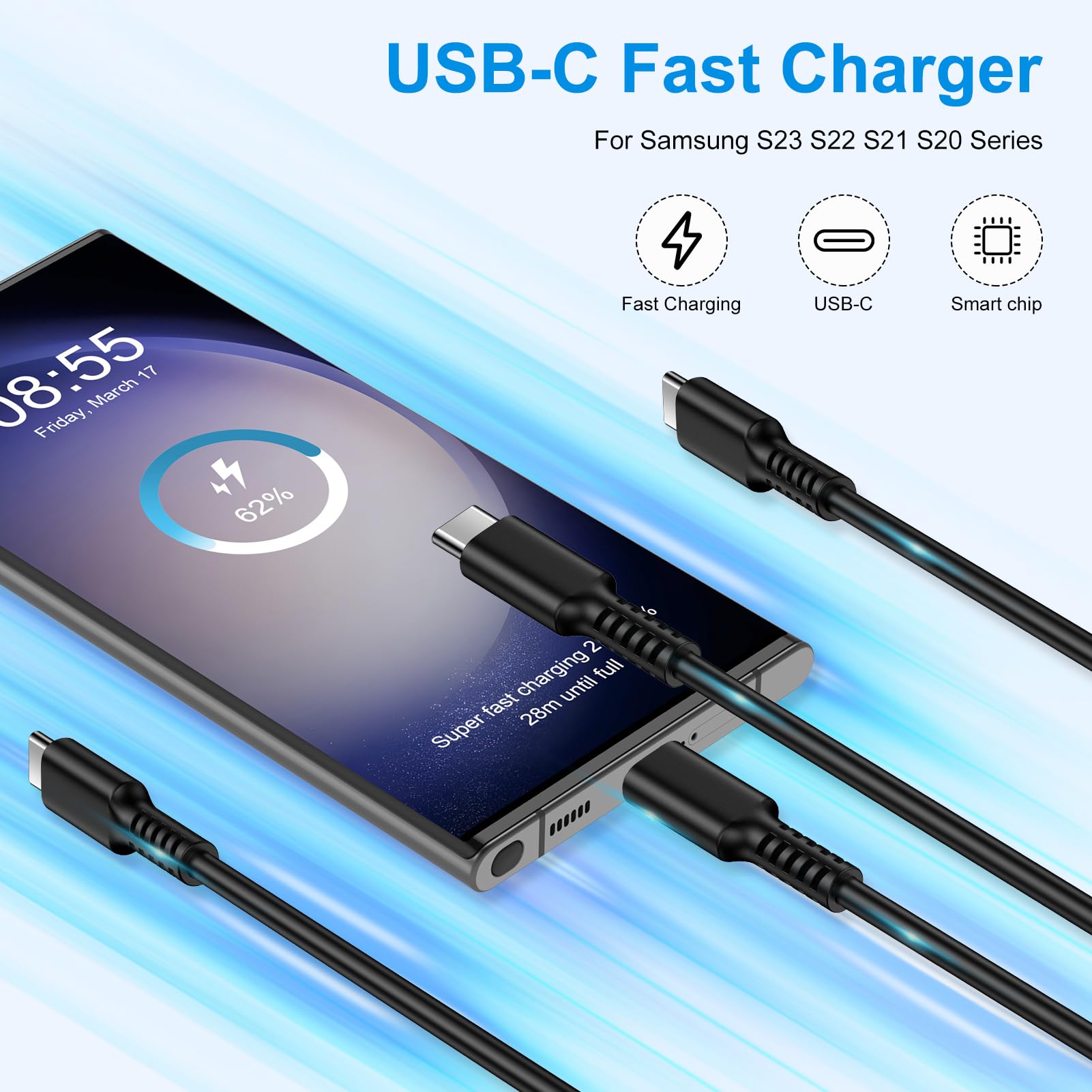 Samsung A15 5G Charger Cable Fast Charging for Galaxy A55 S24 S23 A14 A13 A53 S22 S21 S20 Ultra FE A24 A32 A54 A12 Z Fold Flip 5, 25W 6ft 2Pack USB C to USB C Cord for iPhone 15 Pixel 8 7 6 Pro 7A 6A