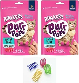 Bonkers Purrpops Tip Top Tuna Flavor Lollipop Freeze-Dried Cat Treats 4-Count, 2 Packs with Cat Spring Toy