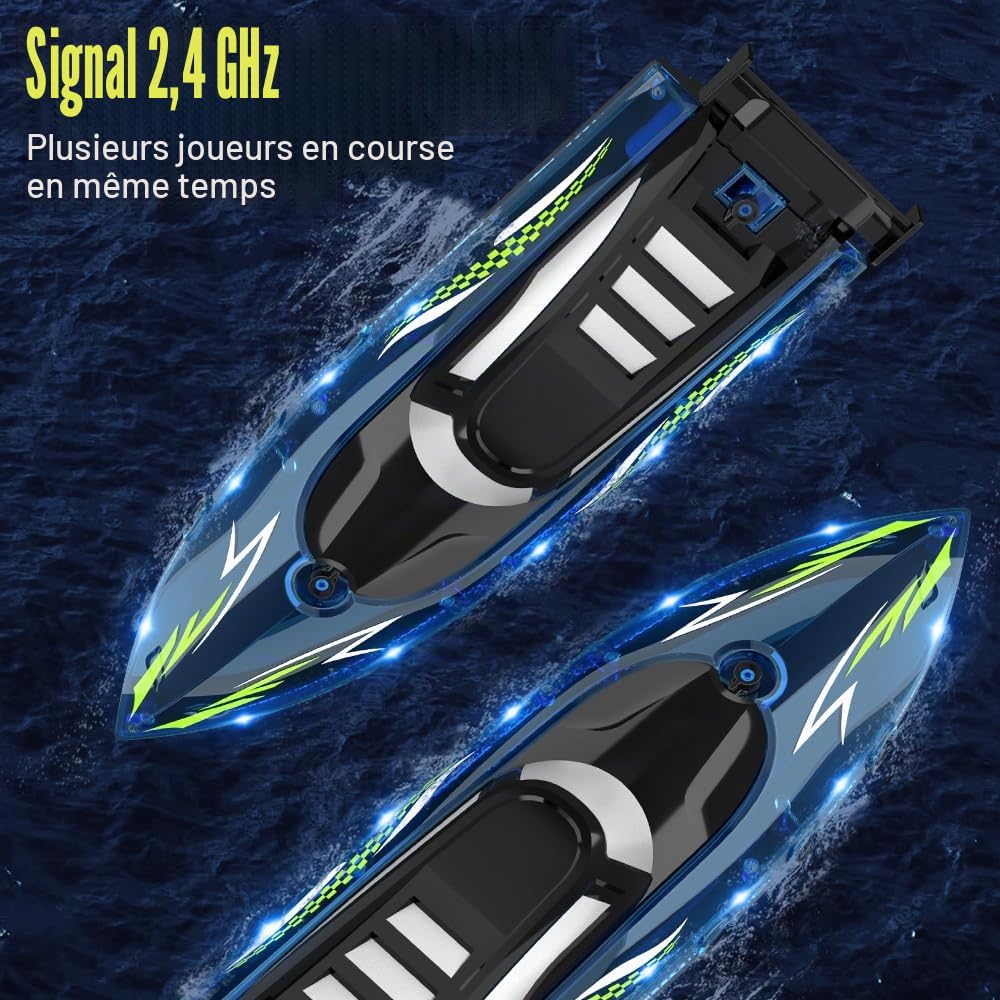 OBEST Bateau Télécommandé RC de Course Haute Vitesse avec Lumières LED, 2.4GHz pour Piscines et Lacs avec 2 Batteries, Jouet de Bateau pour Adulte et Enfant