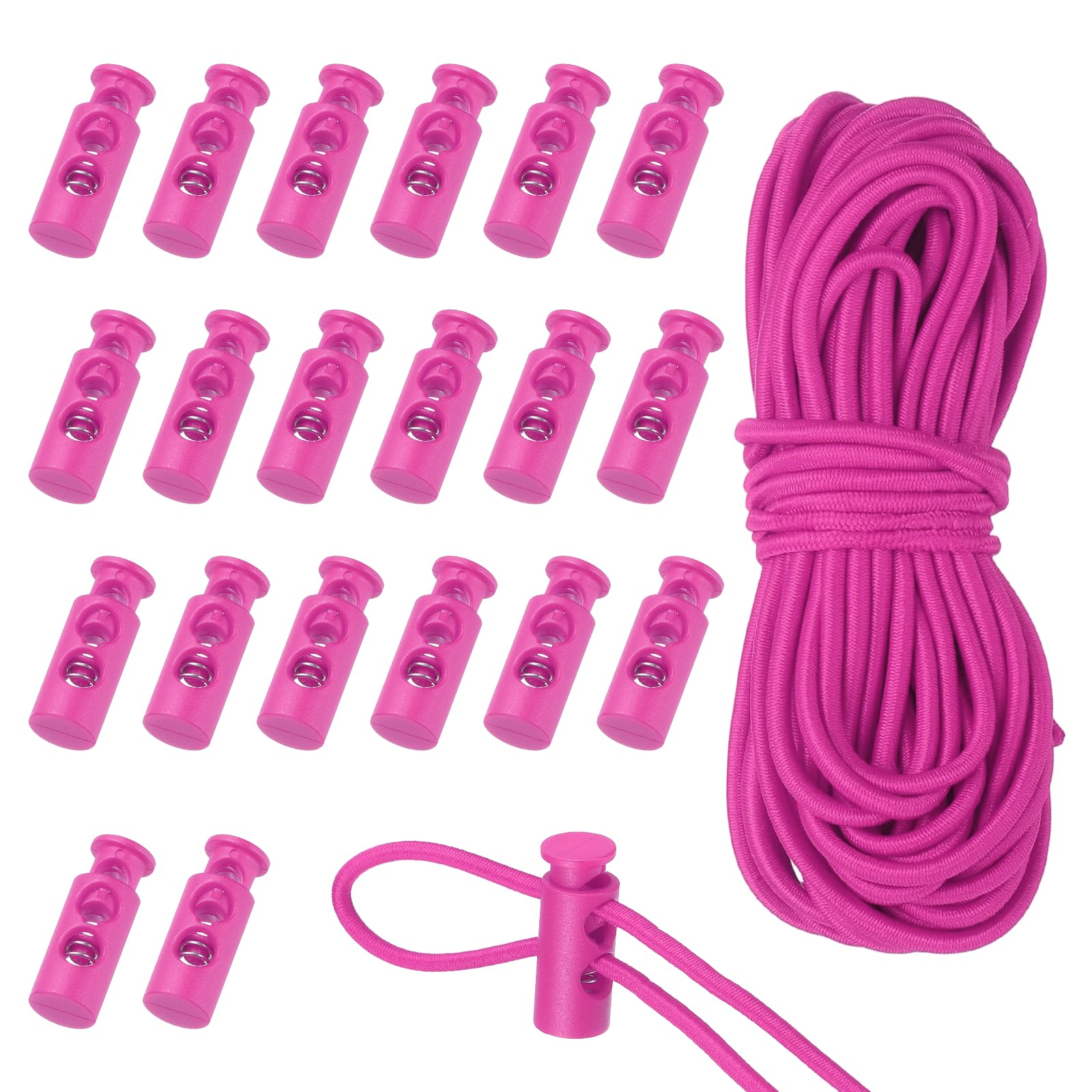 sourcing map 20 Pcs Plastic Cord Locks & 5M/16 ft Elastic Cord, Double-Hole Toggles for Drawstrings End Stopper Fastener Slider Toggles Clip for Shoelaces Backpacks Replacement, Hot Pink