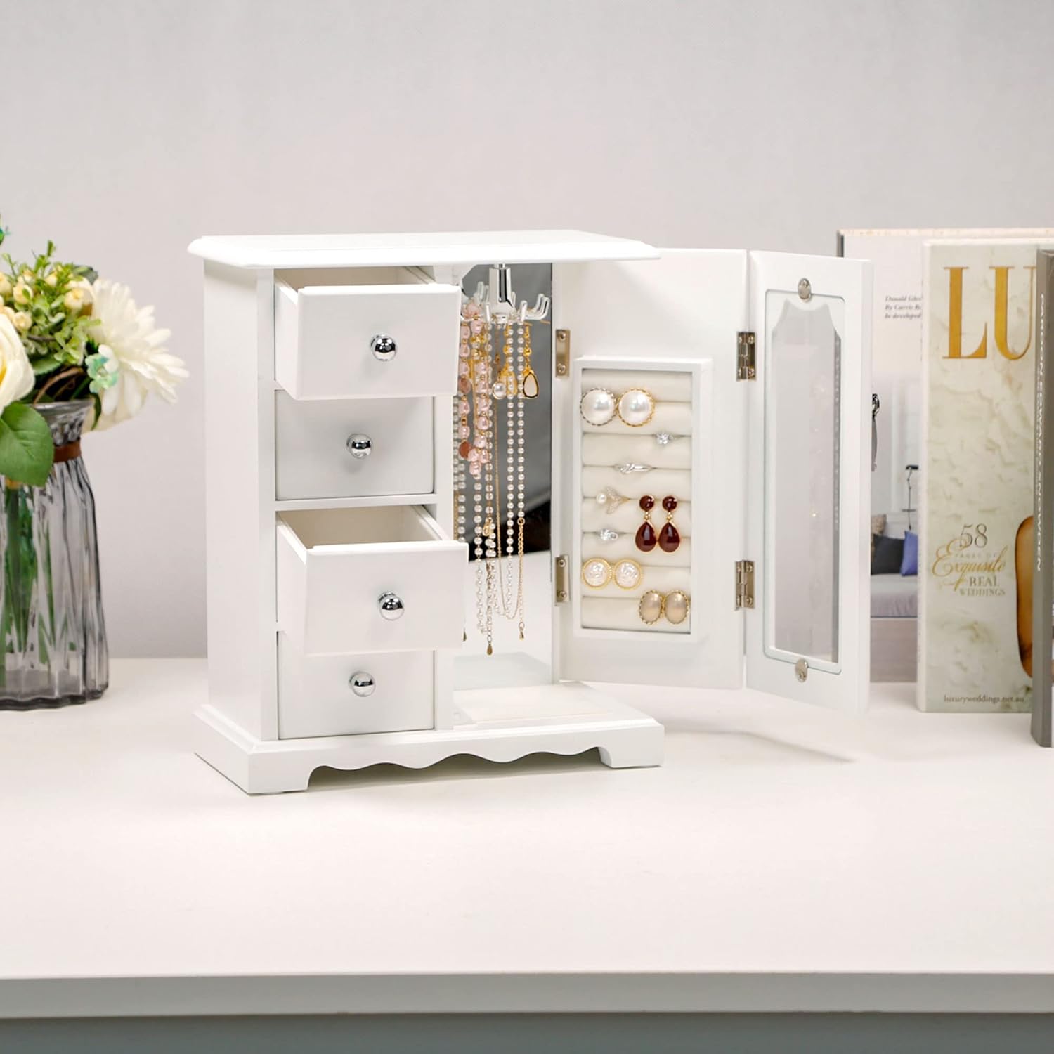 Kendal Wooden Jewelry Box for Women, Solid Jewelry Organizer, Jewelry Holder Organizer, Mothers Day Gifts, Wood Jewelry Case with Mirror for Necklaces, Earring, Rings (4 Drawer, White)