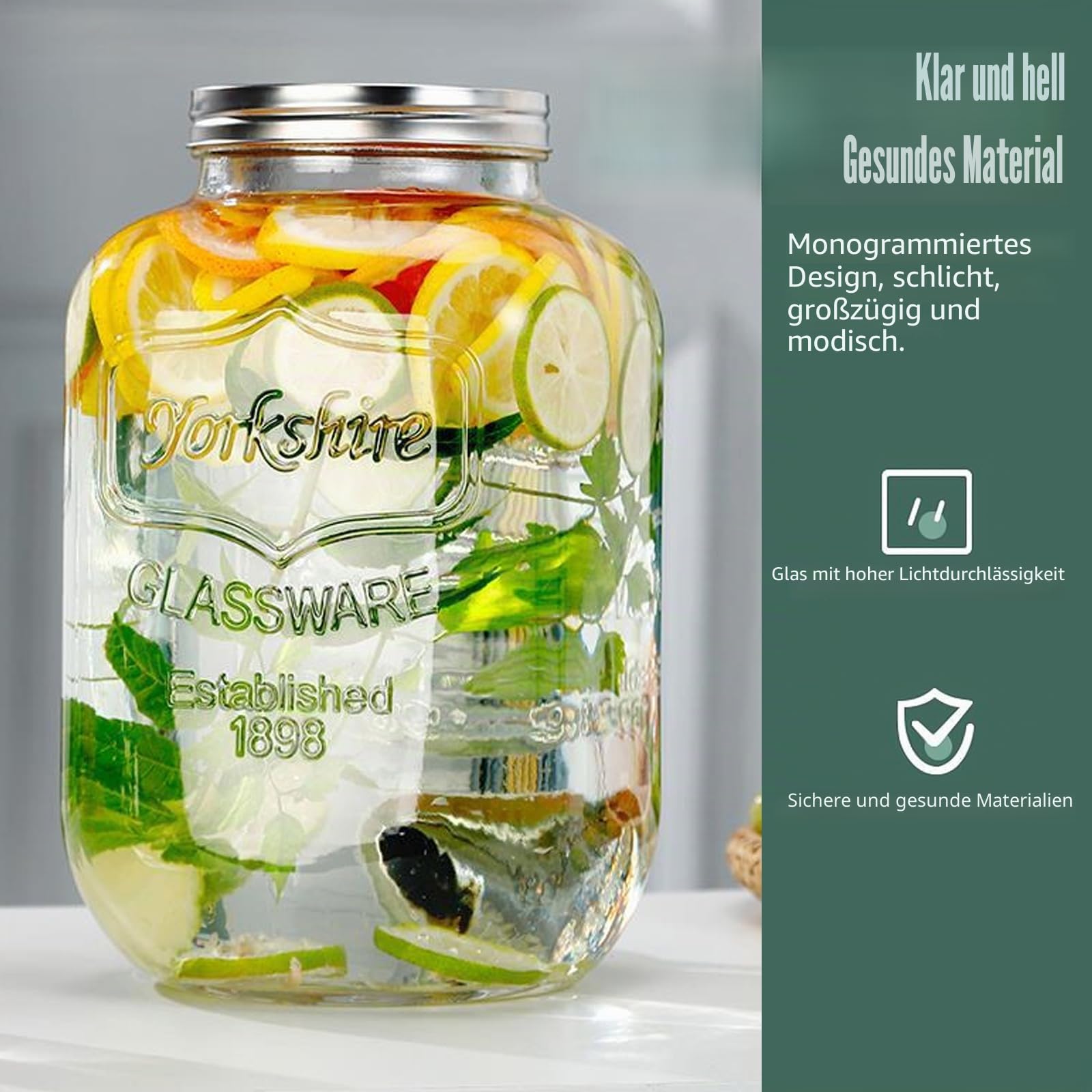 4L Getränkespender aus Glas mit Zapfhahn, Deckel und Metallständer, Wasserspender für Limonade, Saft, Eistee, Cocktails und kalte Getränke, für Party, Buffet und Küche