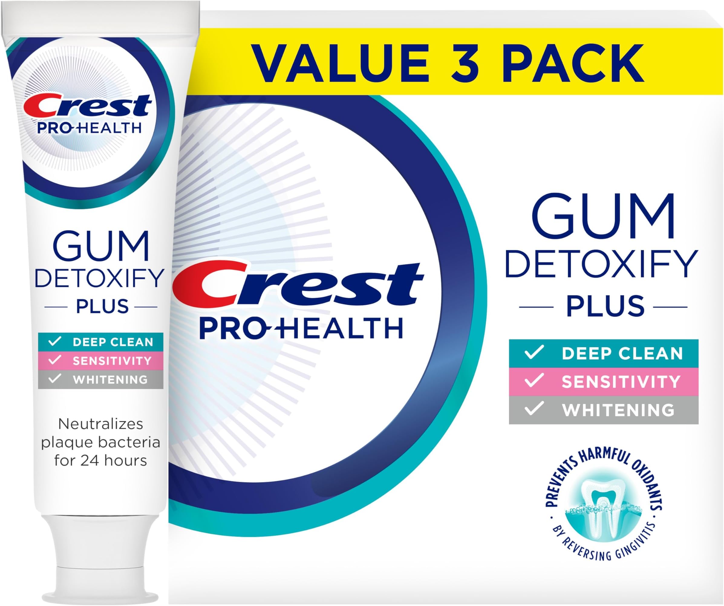 Pro-Health Gum Detoxify Plus Toothpaste 4.5 oz Pack of 3 - Antibacterial Fluoride Toothpaste, Sensitivity Protection, Whitens Teeth, Anticavity, Plaque Control
