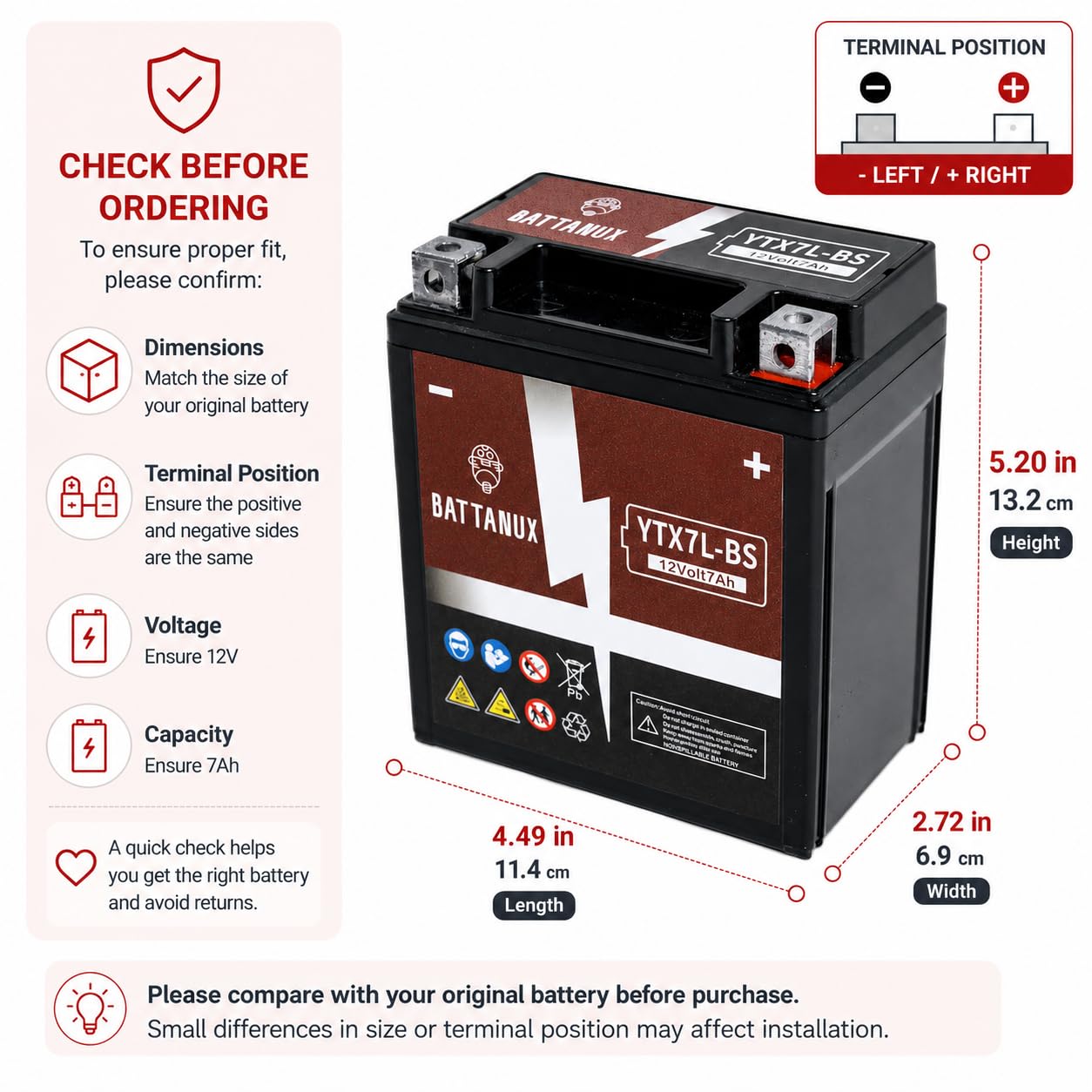 Batteria Moto Battanux YTX7L-BS 12V 7Ah AGM – Alta Capacità, Senza Manutenzione, Antiperdite, Pronta all’Uso per Moto, ATV e UTV