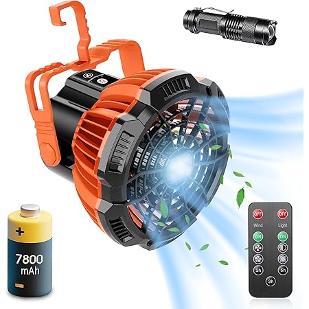 Ezire Portable Camping Fan, 7800mAh Rechargeable USB Tent Ceilling Fan & LED Lantern Light, Battery Operated Desk Fan with Small flashlights for Outdoor Home Office Car Emergency