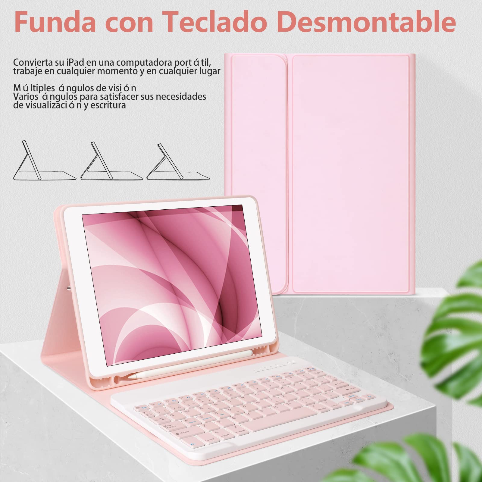 CC Store Teclado iPad 9 Generacion, Teclado Magnético Bluetooth con Ranura para Bolígrafo, Español Ñ Diseño QWERTY, para iPad 10.2" 9ª/8ª/7ª Gen, iPad Pro 10.5" 2017, iPad Air 3 2019, Rosa