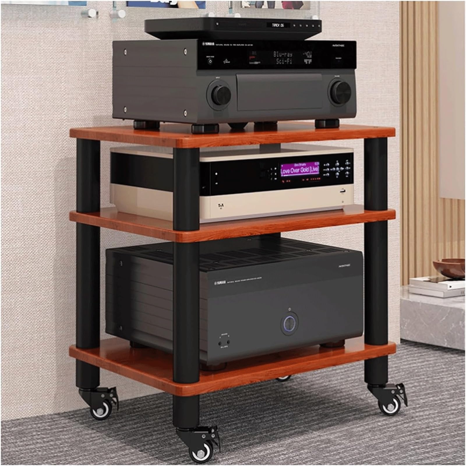 CWCQGH Wooden Audio Rack with Wheels 1 Tier Stereo Rack Open Cabinet for Audio Equipment Mobile Audio Video Shelving Stylish Finish,Brown-3 Tier