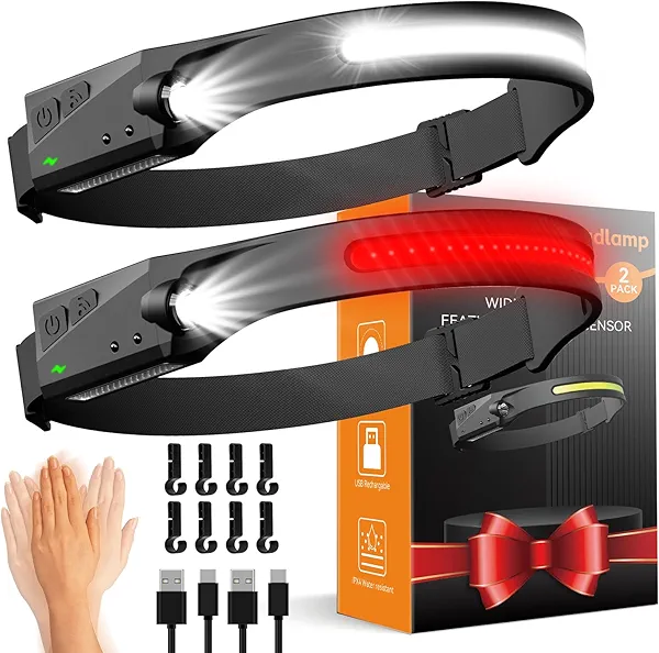 Headlamps Rechargeable with Red Light 2 Pack, 230° Wide Beam Running LED Head Lamp for Adults, Headlights for Head with Motion Sensor, Hard Hat Light Flashlight for Runners, Camping, Hiking, Fishing