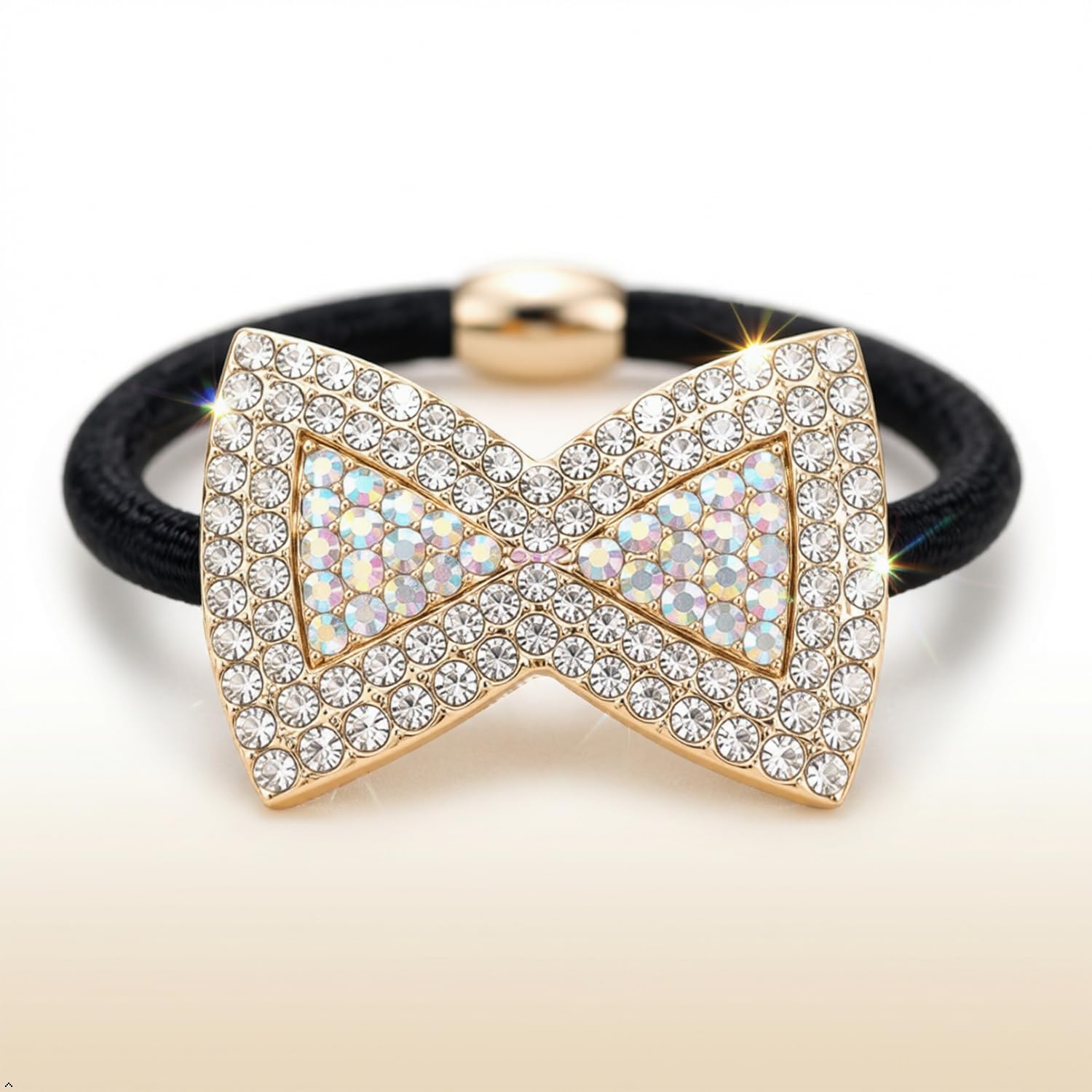 GLIMM Women’s Crystal Bow Hair Rubber Band | Elegant Rhinestone Ponytail Holder | Stylish Elastic Hair Tie for Girls & Women | Black & Gold Hair Accessory-image-35