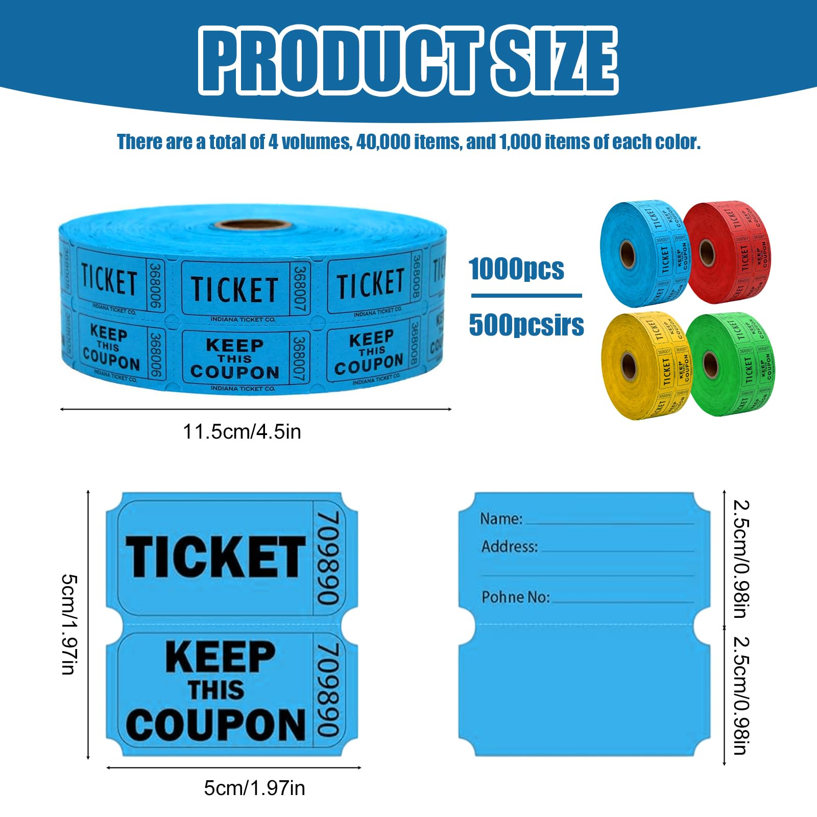4 Rouleaux De Billets Double Raffle: Tickets De Tombola Billets, Papier, 4000 Pièces, Perforés, étiquette De Billet De Tombola Pour événement De Fête, Collecte De Fonds, Récompense, Carnaval