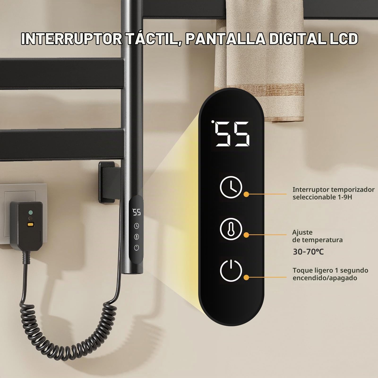 Toallero Electrico Baño Giratorio, Radiador Toallero Electrico Pared Acero Inoxidable 5 Barras,Calentador De Secador Toallas con Estante Y Termostato,150w 1-24H,Plug In & Hardwired,Negro