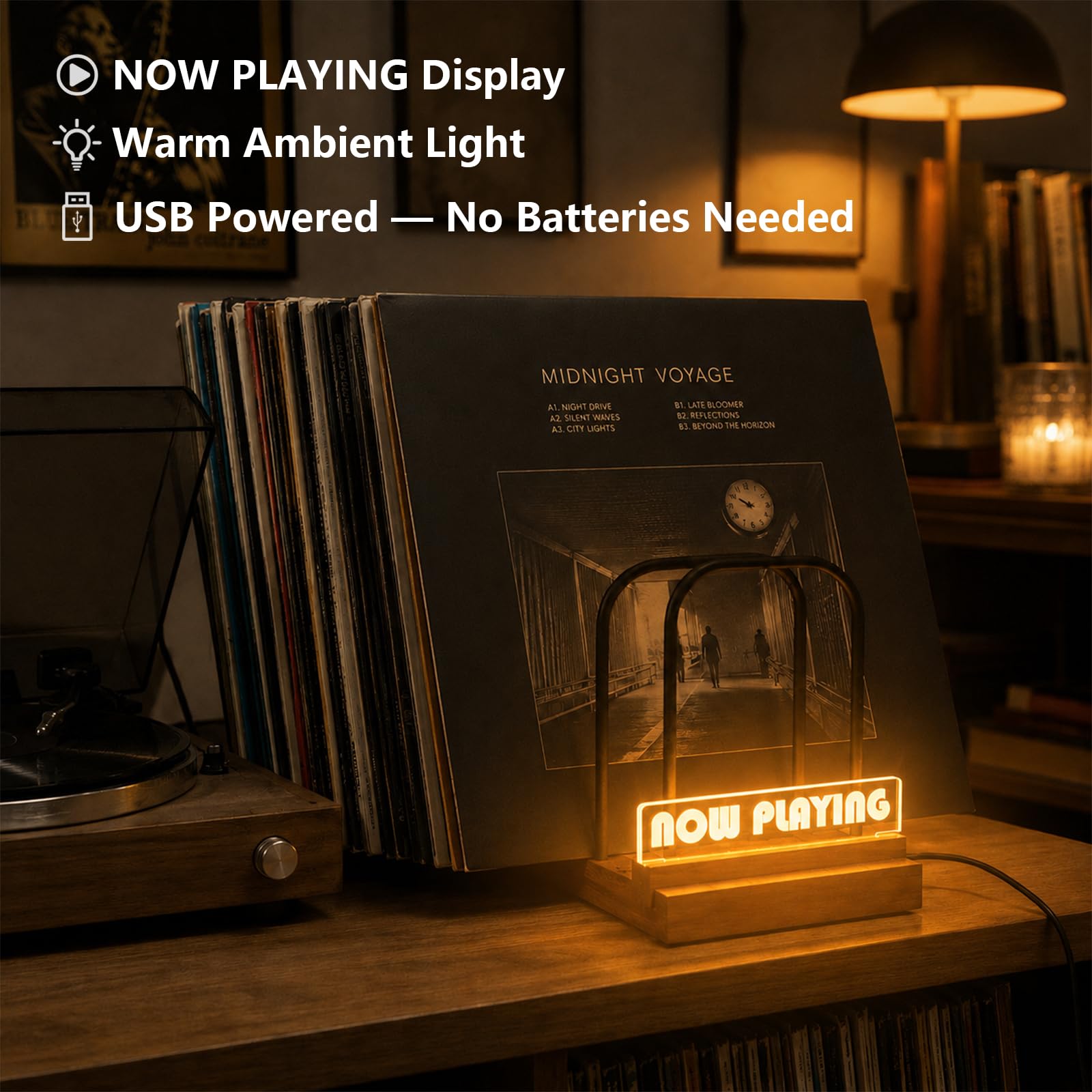 ZEDKEHO Supporto per dischi in vinile per album LP con display a LED ora in riproduzione, supporto per dischi in legno, cartello luminoso in acrilico rimovibile, contiene 50-75 dischi, decorazione per
