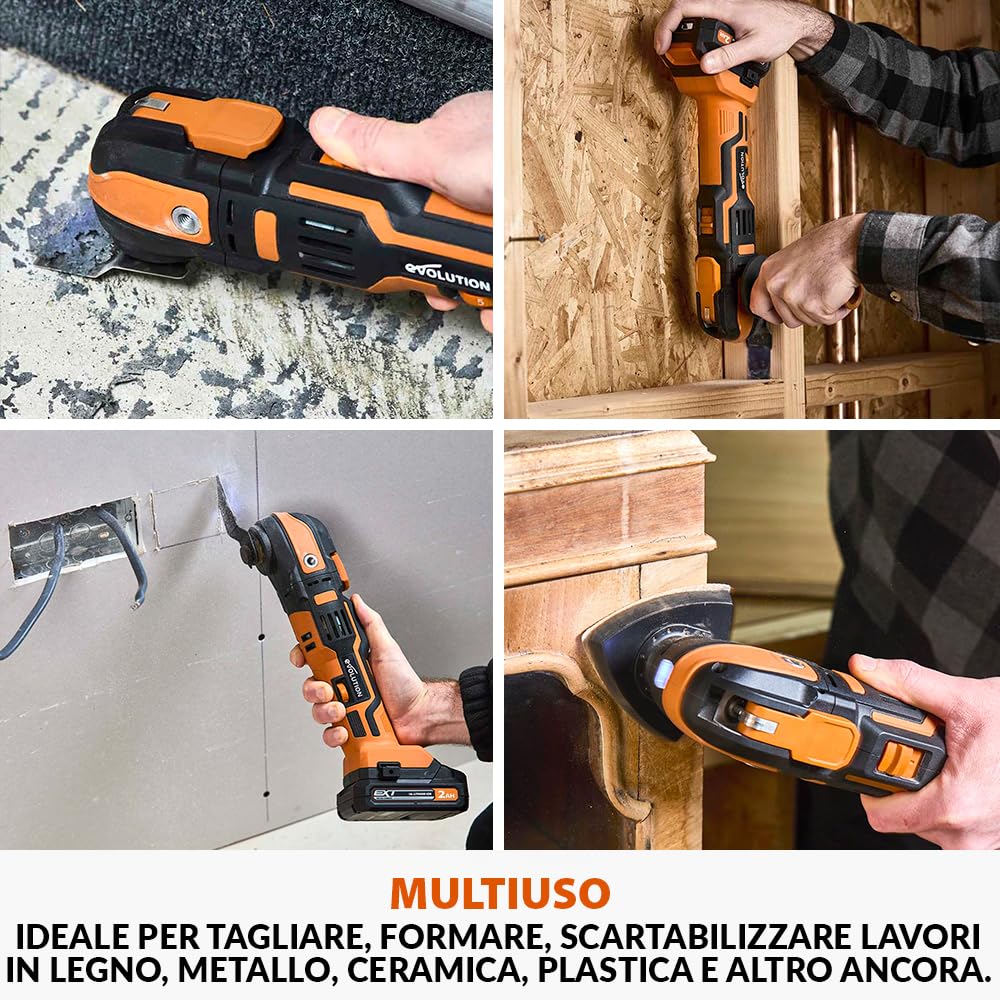 Evolution Power Tools R18MLT-Li Multi-Utensile Senza Fili 18 V Li-Ion EXT, Multiuso E Multi-Materiale Per Eseguire Tagli, Sagomare, Raschiare E Levigare | Batteria Non Inclusa