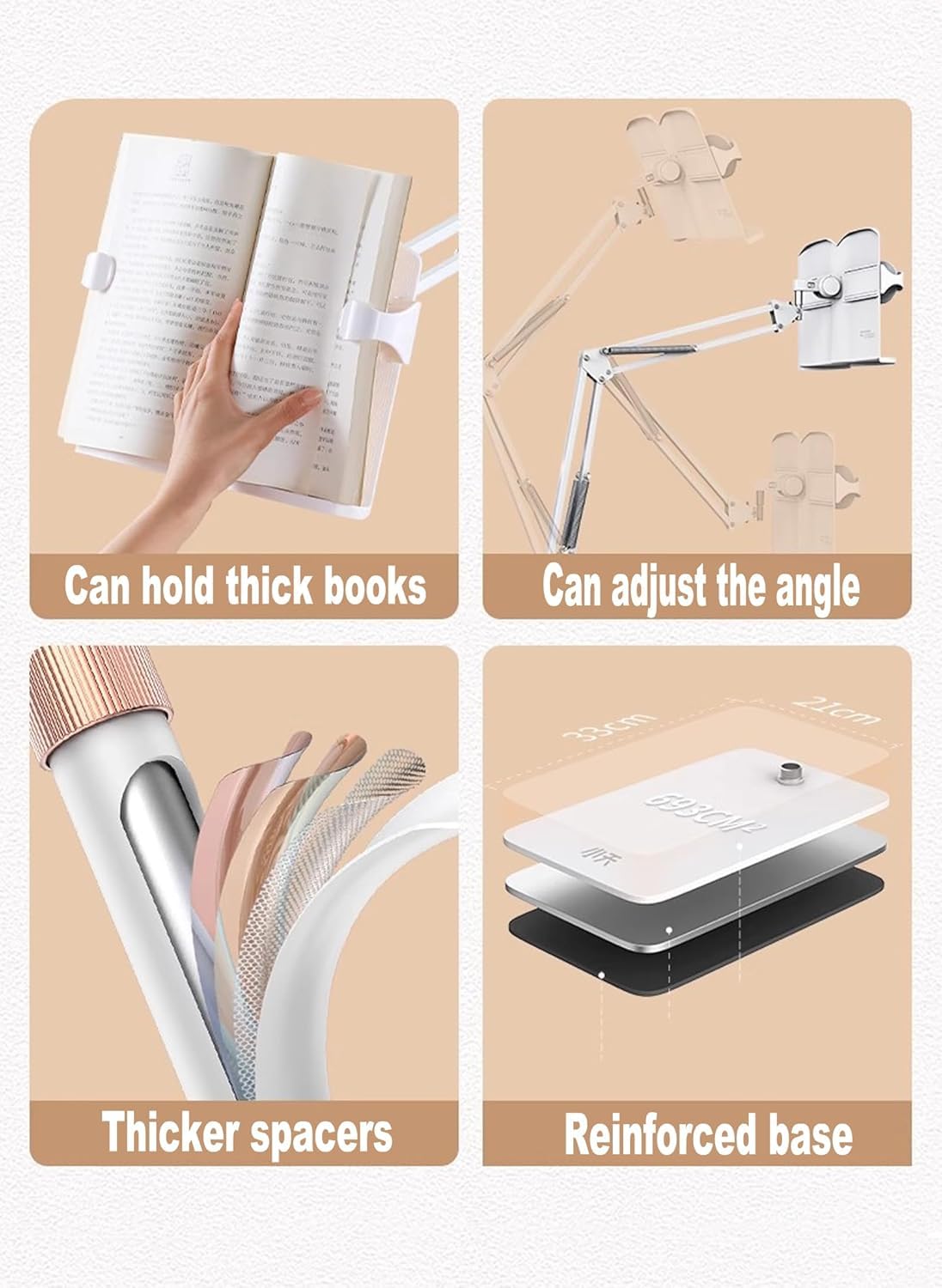 Atril de Lectura Ergonómico – Soporte para Libros & Tabletas – 360° Giratorio, Altura Ajustable 55-100 cm – Manos Libres para Cama, Oficina, CocinaWhite,One Size