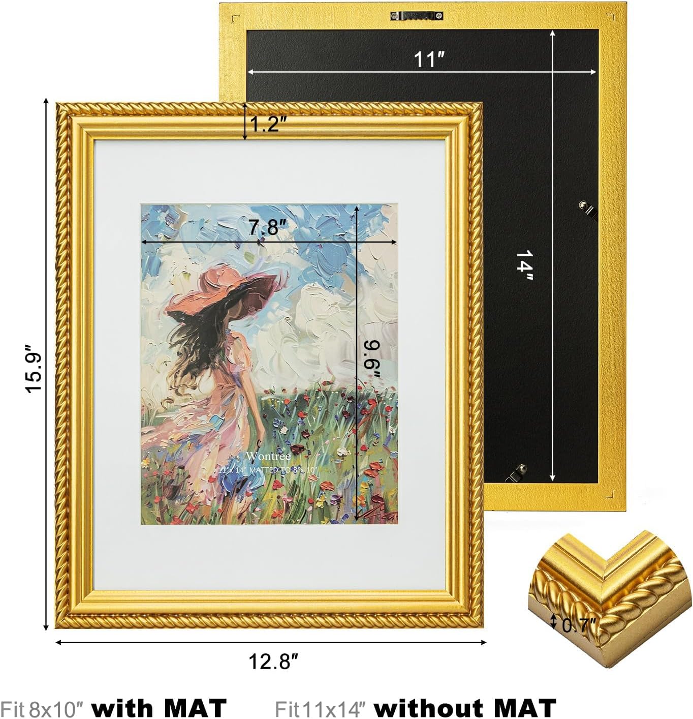 11x14 Picture Frame Ornate in Gold with Rope Trim, Solid Wood with Real Glass, Display 11x14 Photo Matted to 8x10, Vertical and Horizontal for Wall Hanging